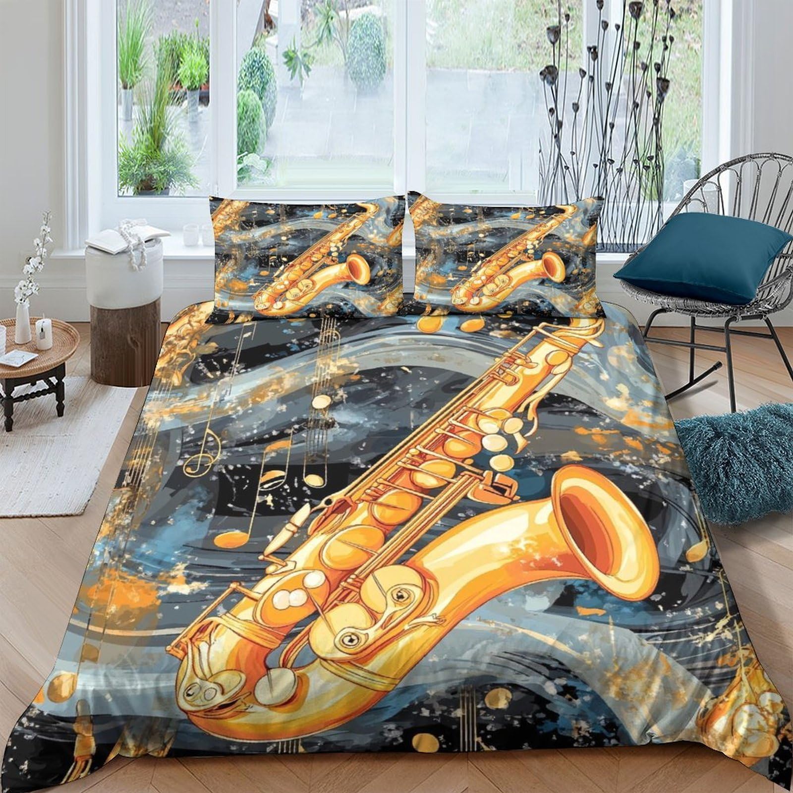Arte del sassofono Impressione 3D 3 pz fodera per edredone Stile di illustrazione della musica jazz coperteletto microfibra ipoallergenica zip per bambini adolescenti adulti Super king（260x220cm）