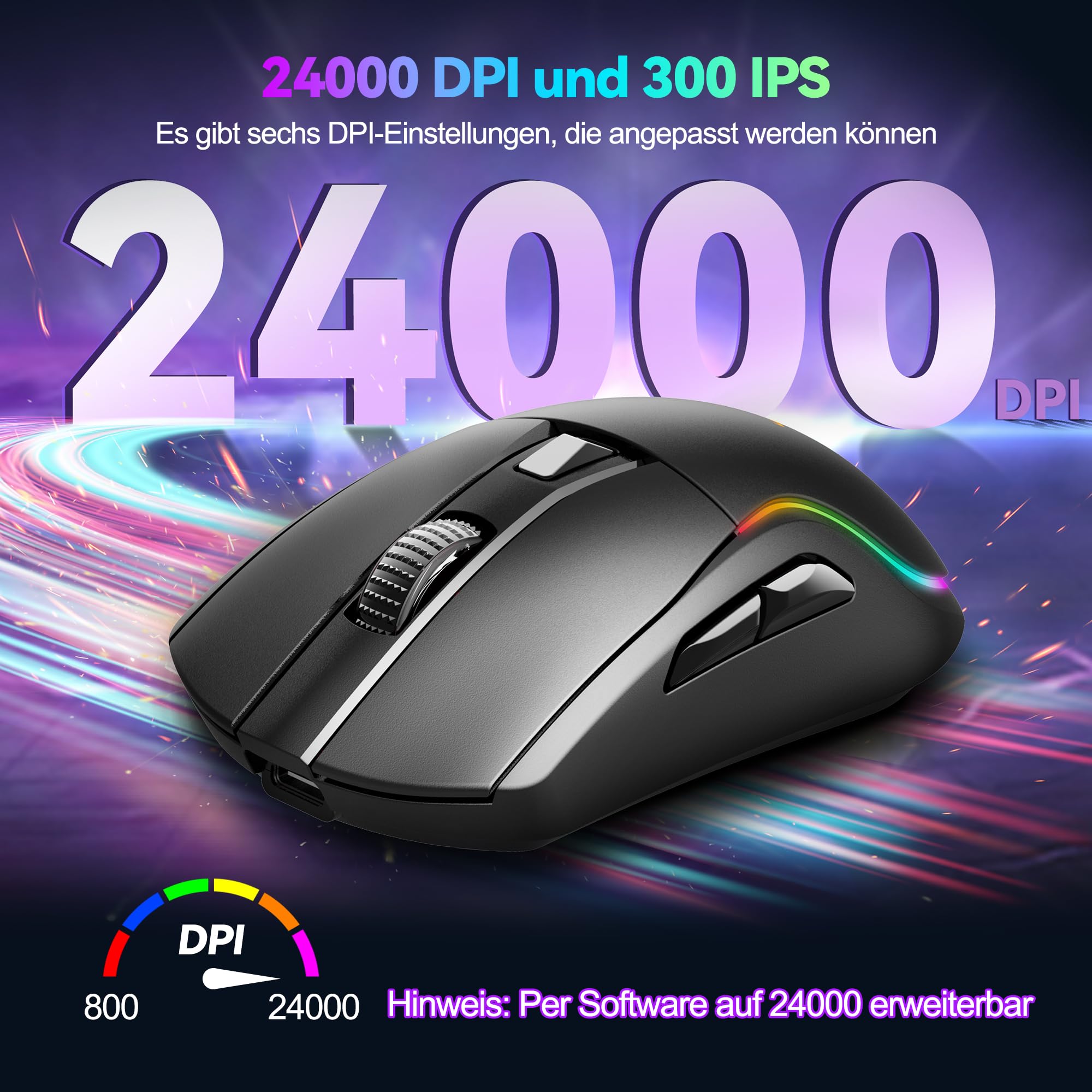 TECKNET Gaming Maus Kabellos, 24K DPI Sensor, RGB Wiederaufladbare Maus mit 100 Std. Akkulaufzeit, 2.4G/USB-C/Bluetooth Ergonomische Gaming Mouse mit 6 Programmierbare Tasten, 300 IPS für PC/Mac Gamer