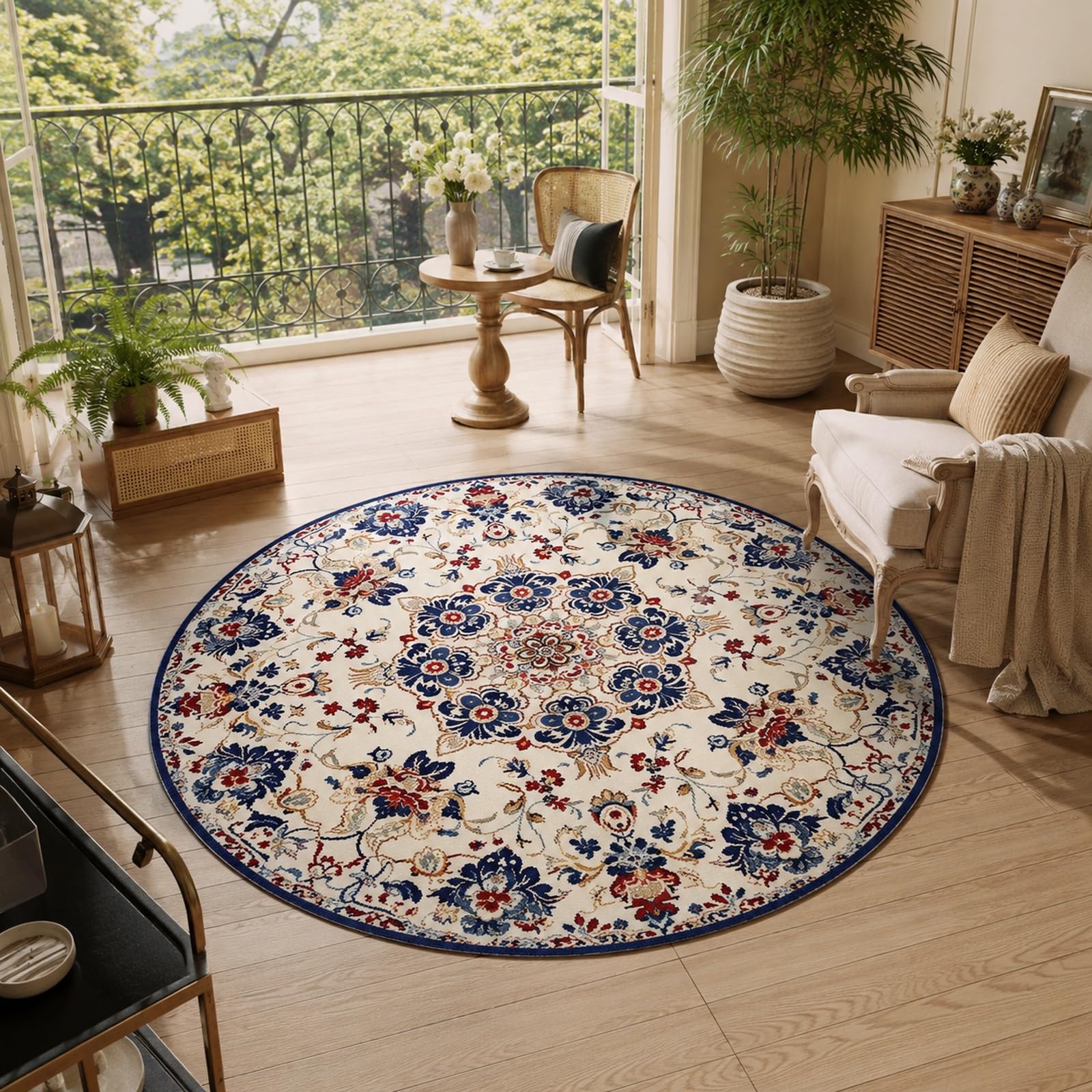 Tapis rond vintage bleu et rouge 170 cm sur mesure pour canapé de salon moderne
