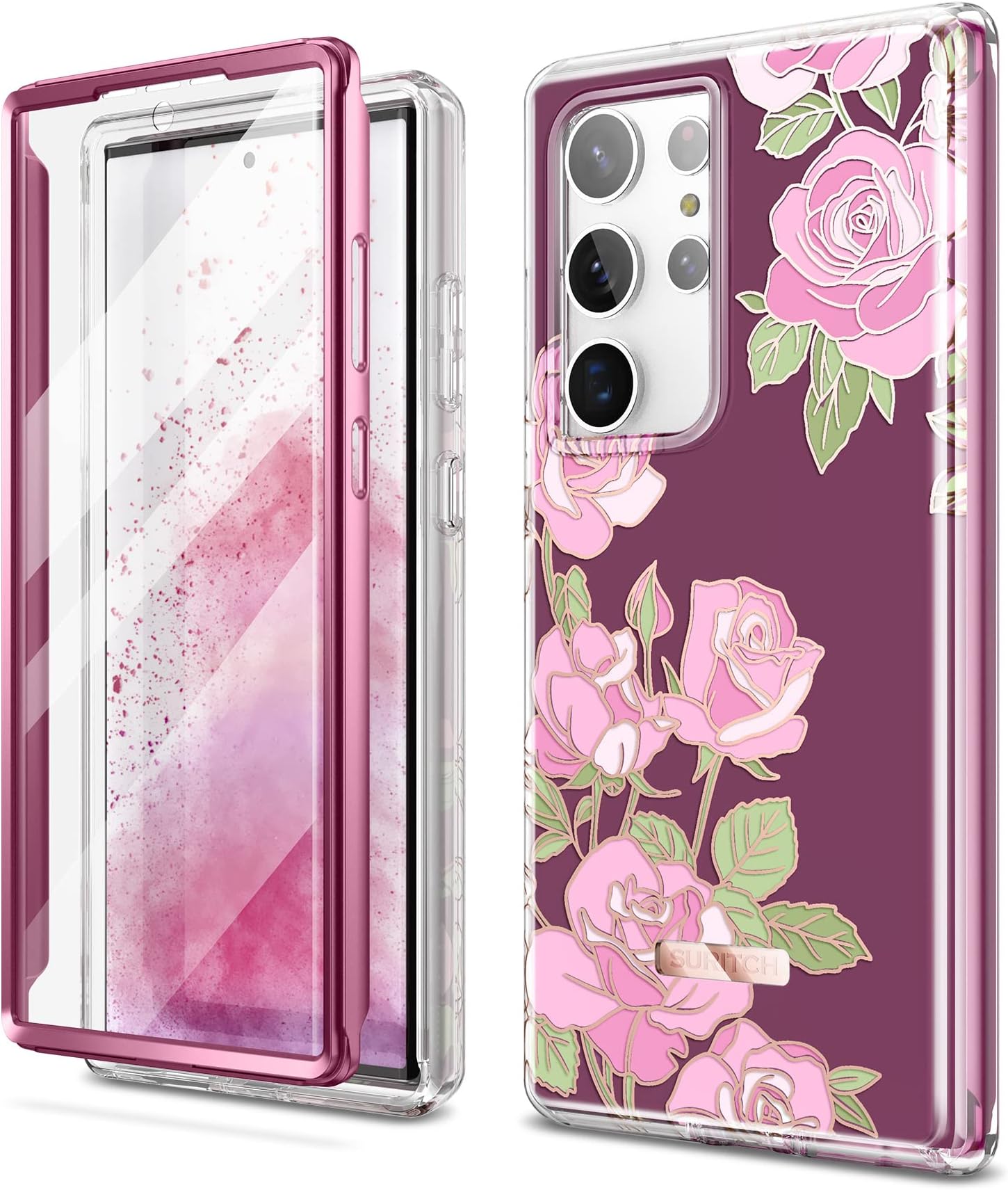 SURITCH for Samsung Galaxy S23 Ultra Case, [Built-in Screen Protector] [Dual-Layer Protection ] Full Protection Shockproof Rugged Bumper Phone Cover for Samsung S23 Ultra 6.8 Inch - Pink Rose