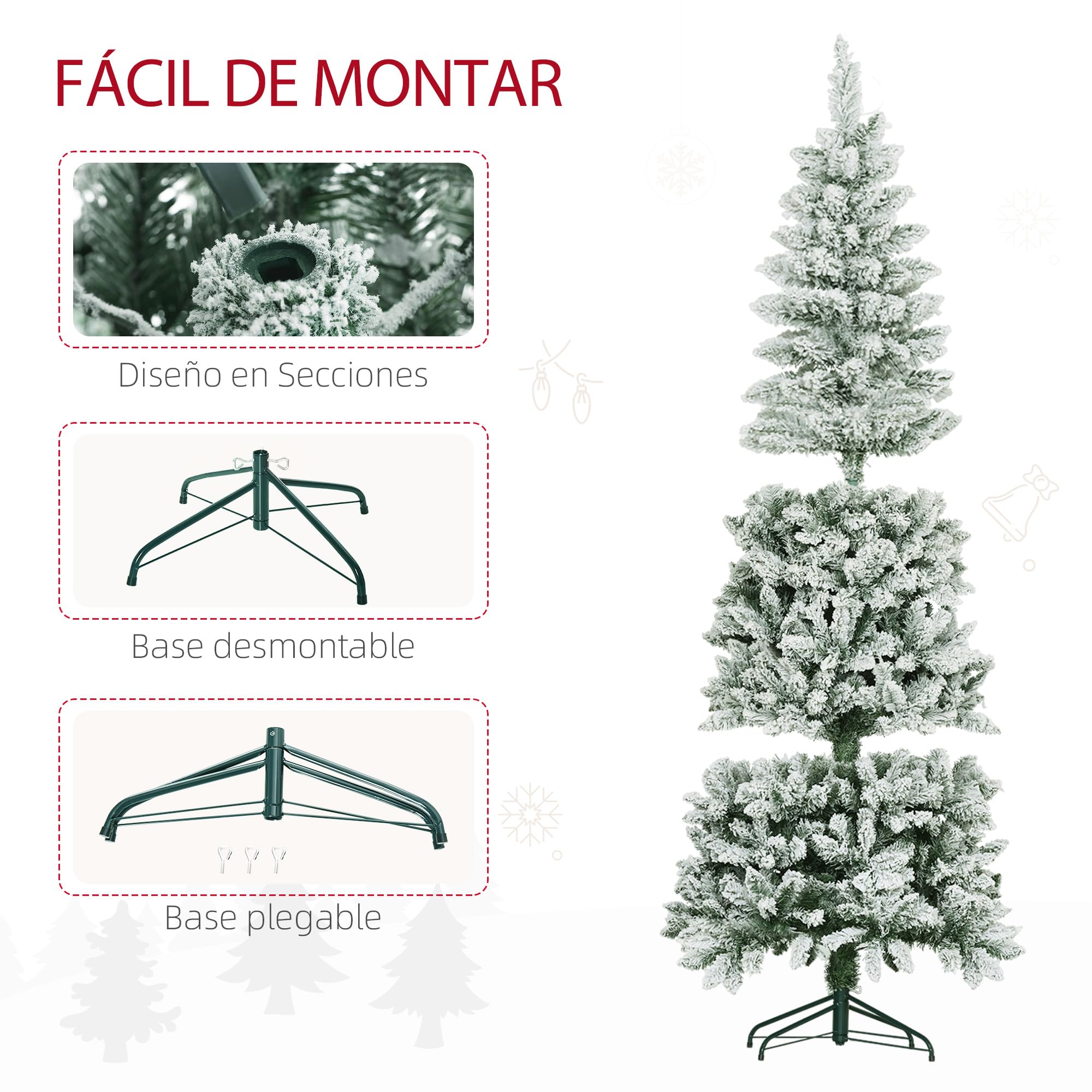 HOMCOM Árbol de Navidad 183 cm Árbol de Navidad Artificial Nevado con 479 Ramas y Soporte de Metal Árbol Navideño para Salón Interior Verde