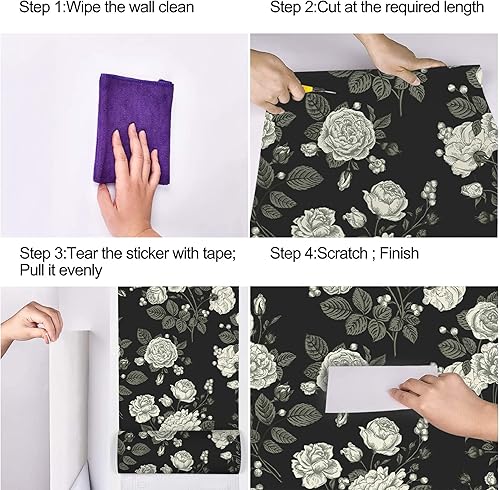 Miniatura 4 de UniGoos Papel tapiz de rosa gris y blanco para despegar y pegar, fondo negro retro, peonía, papel de pared extraíble, papel de contacto autoadhesivo