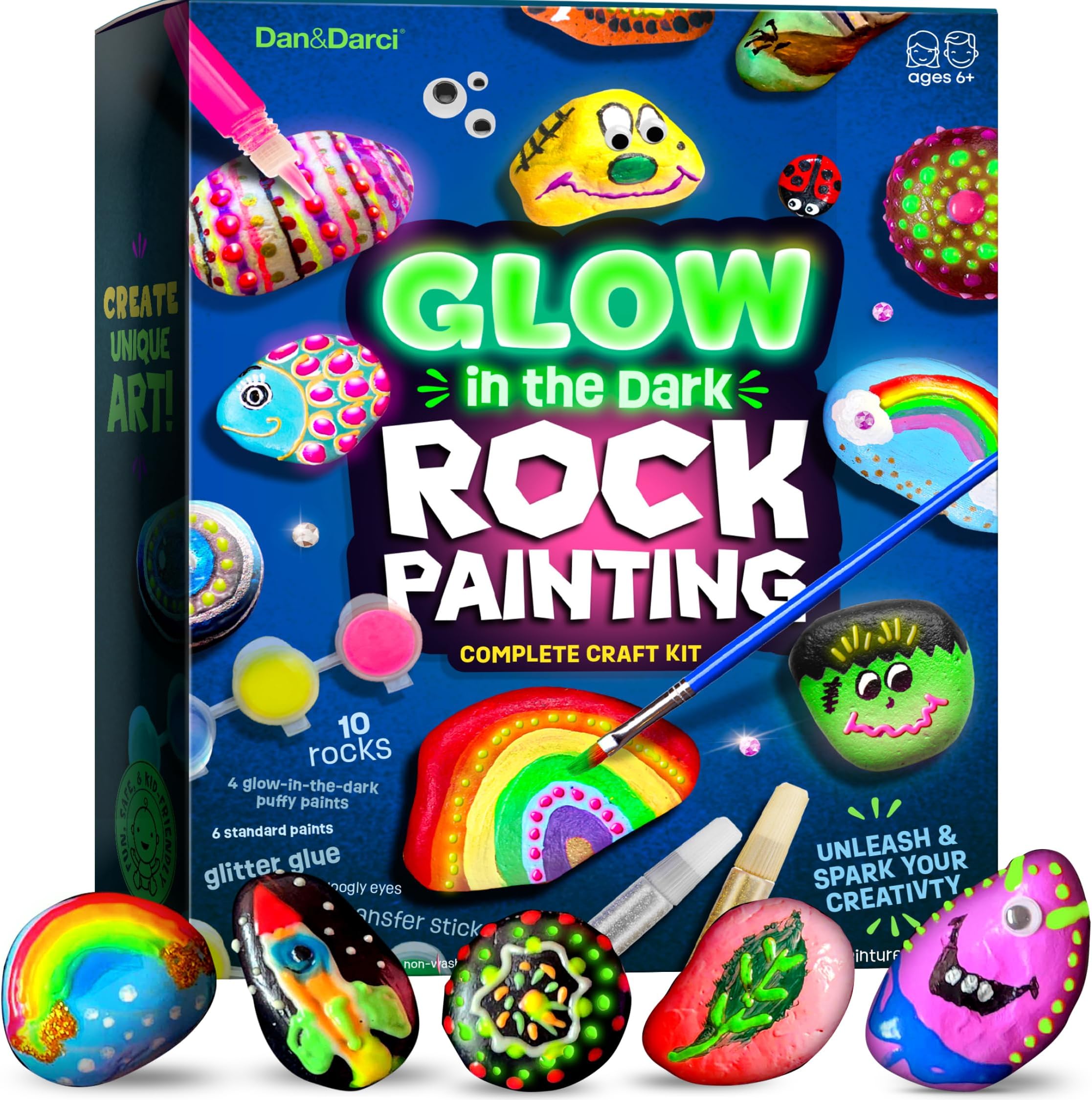 Dan&Darci Kids Rock Painting Kit - Glow in The Dark - Arts & Crafts Easter Gifts for Boys and Girls Ages 6-12 - Craft Activities Kits - Creative Art Toys for 6, 7, 8, 9, 10, 11 & 12 Year Old Kids