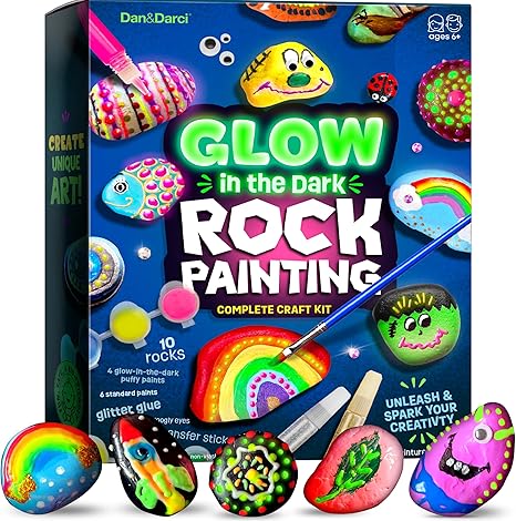 Dan&Darci Kids Rock Painting Kit - Glow in The Dark - Christmas Gifts Arts & Crafts for Boys and Girls Ages 6-12 - Craft Activities Kits - Creative Art Toys for 6, 7, 8, 9, 10, 11 & 12 Year Old Kid