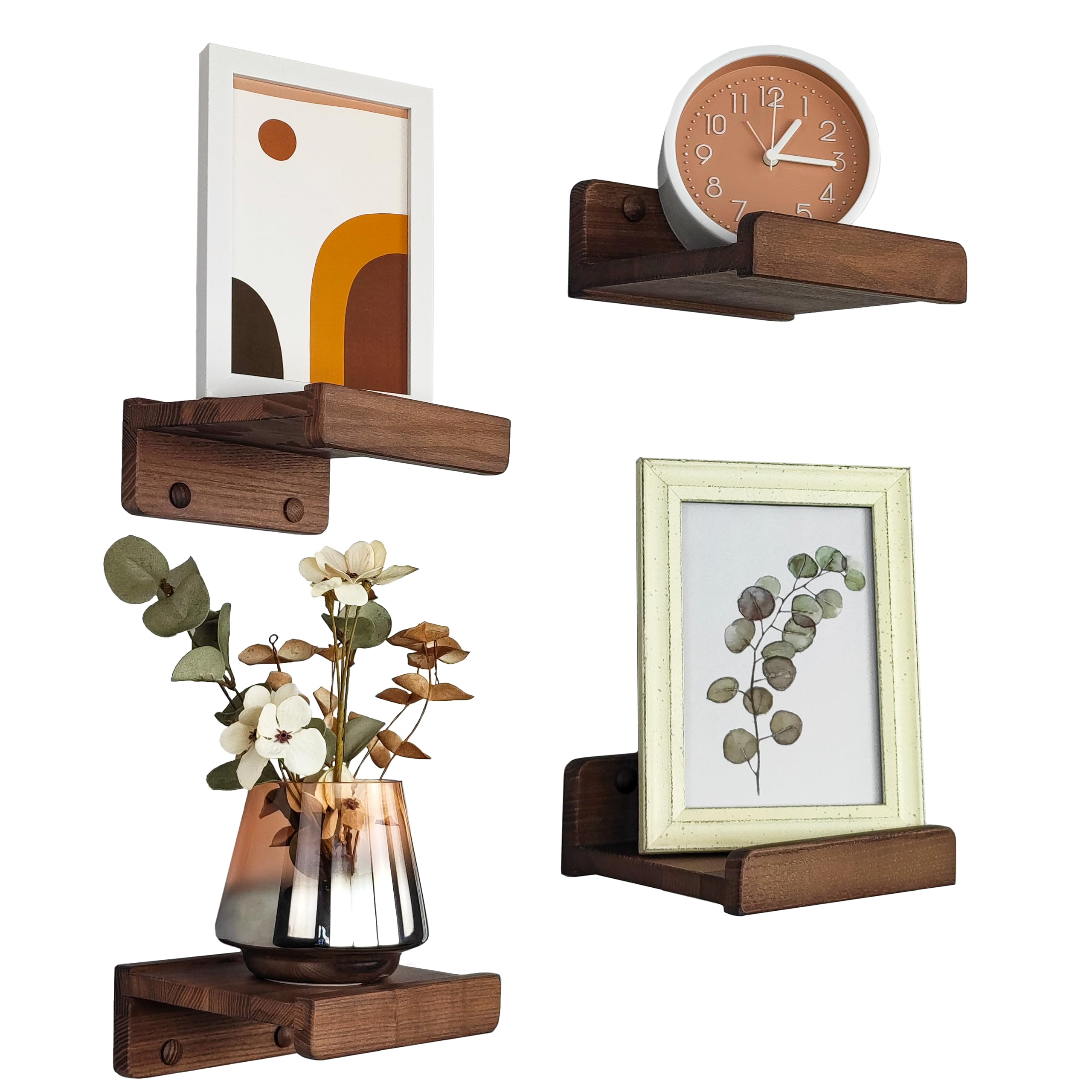 Wood Wedge Small Shelf for Wall 13cm Set 4, Photo & Picture Ledge, Wall Storage Shelves with Lip, Kids Book shelf