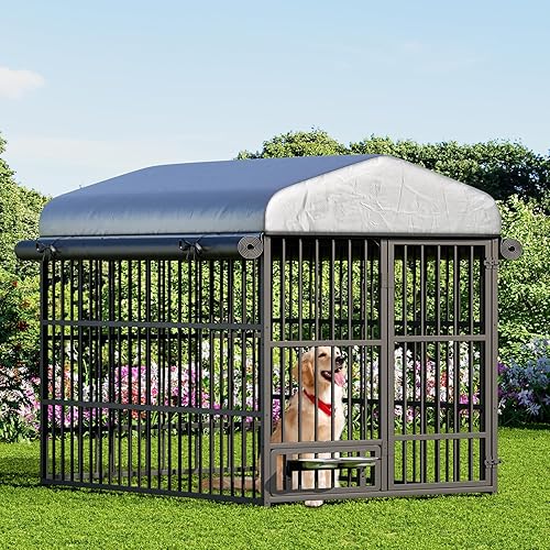 HOOBRO Outdoor Dog Kennel with Cover, 6.6 x 3.9 x 5.9 ft Dog Kennel Outside with Waterproof Roof and Rotating Feeding Bowls, Heavy-Duty Large Cage Enclosure, for Medium & Large Dogs, Black BK212GW03