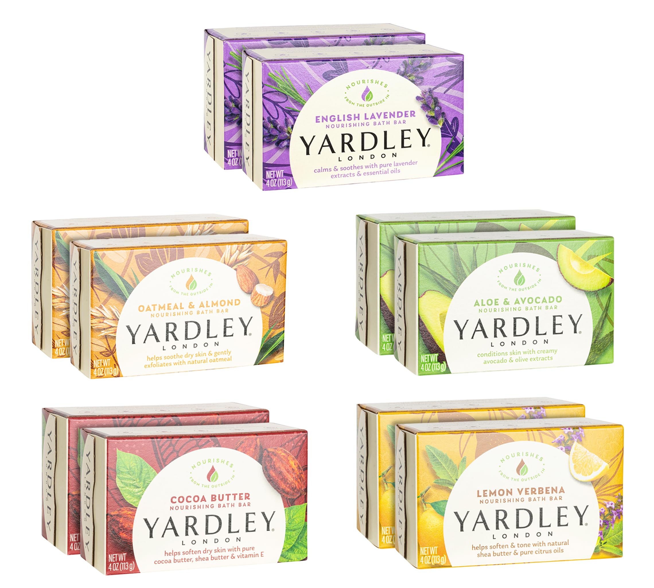 YardleyLondon Soap Bath Bar Bundle - 10 Bars: English Lavender, Oatmeal and Almond, Aloe and Avocado, Cocoa Butter, Lemon Verbena 4 Ounce Bars (Pack of 10, Two of each)