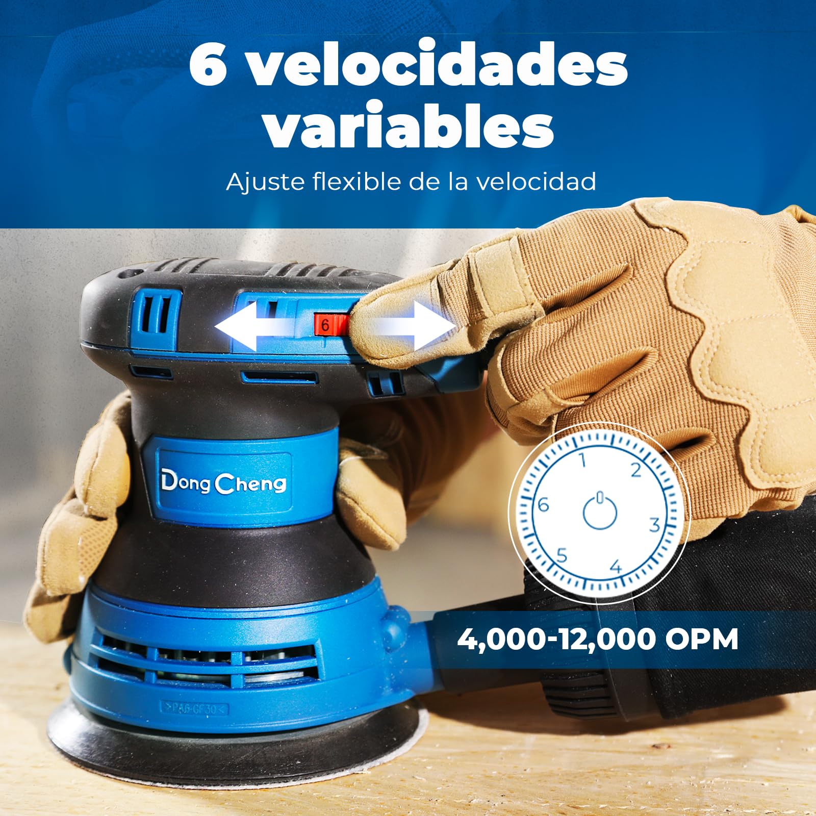 DongCheng Lijadora orbital aleatoria 300W, 125mm, 6 velocidades, 4.000-12.000 rpm con colector de polvo y 10 lijas, ideal para proyectos de carpintería y bricolaje