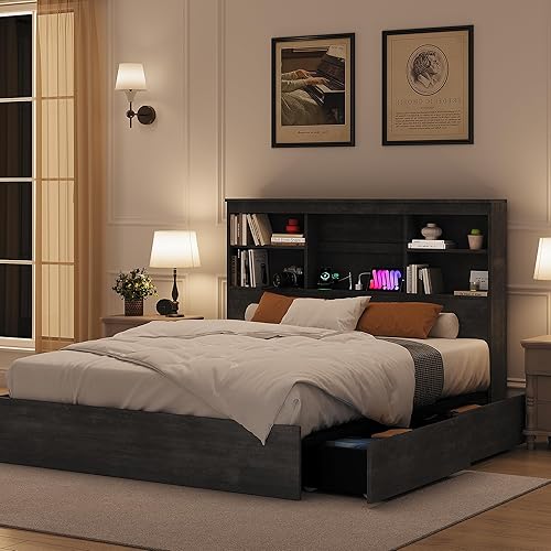 Miniatura 3 de GarveeHome Base de cama de tamaño matrimonial con cabecera de estantería de alto almacenamiento, marco de cama de madera con 4 cajones de