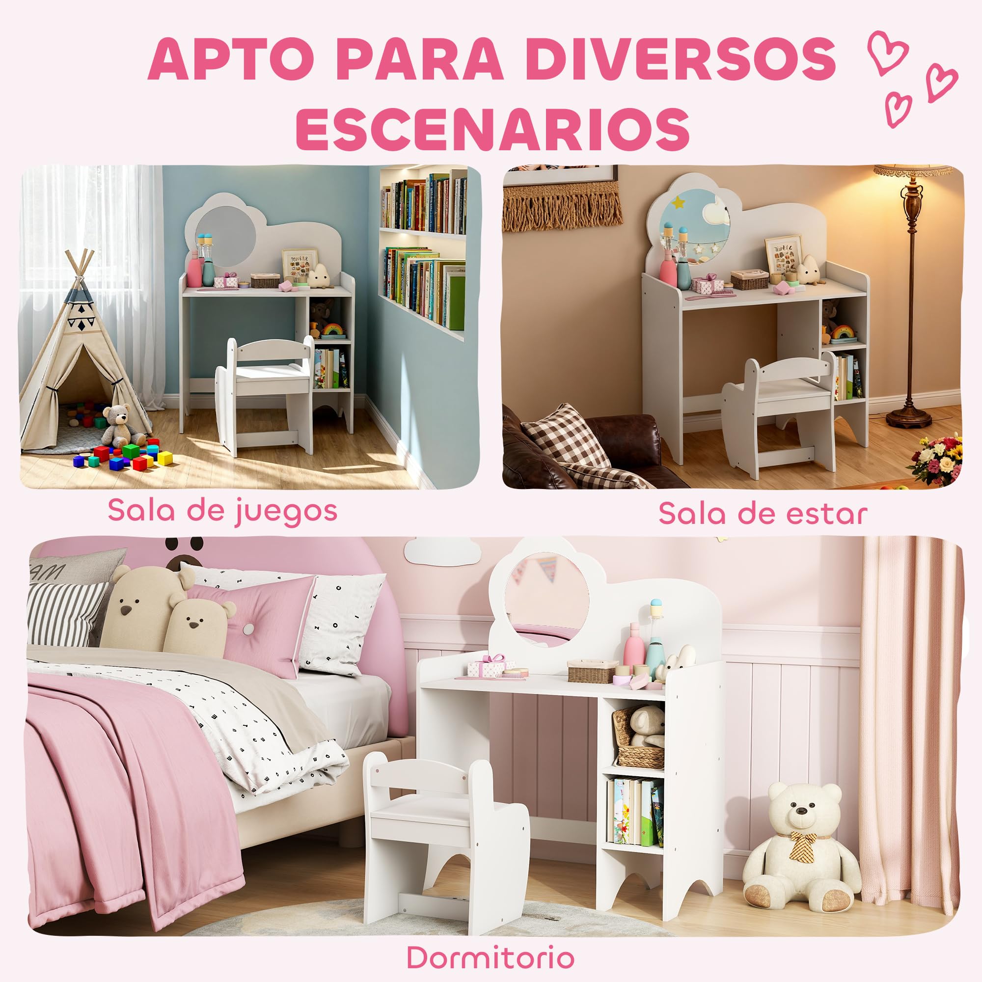 AIYAPLAY Tocador de Maquillaje Niña, 2 en 1, Escritorio, Tocador Infantil con Taburete, Espejo en Forma de Flor, Estantes Abiertos, para Niños +3 Años, Blanco