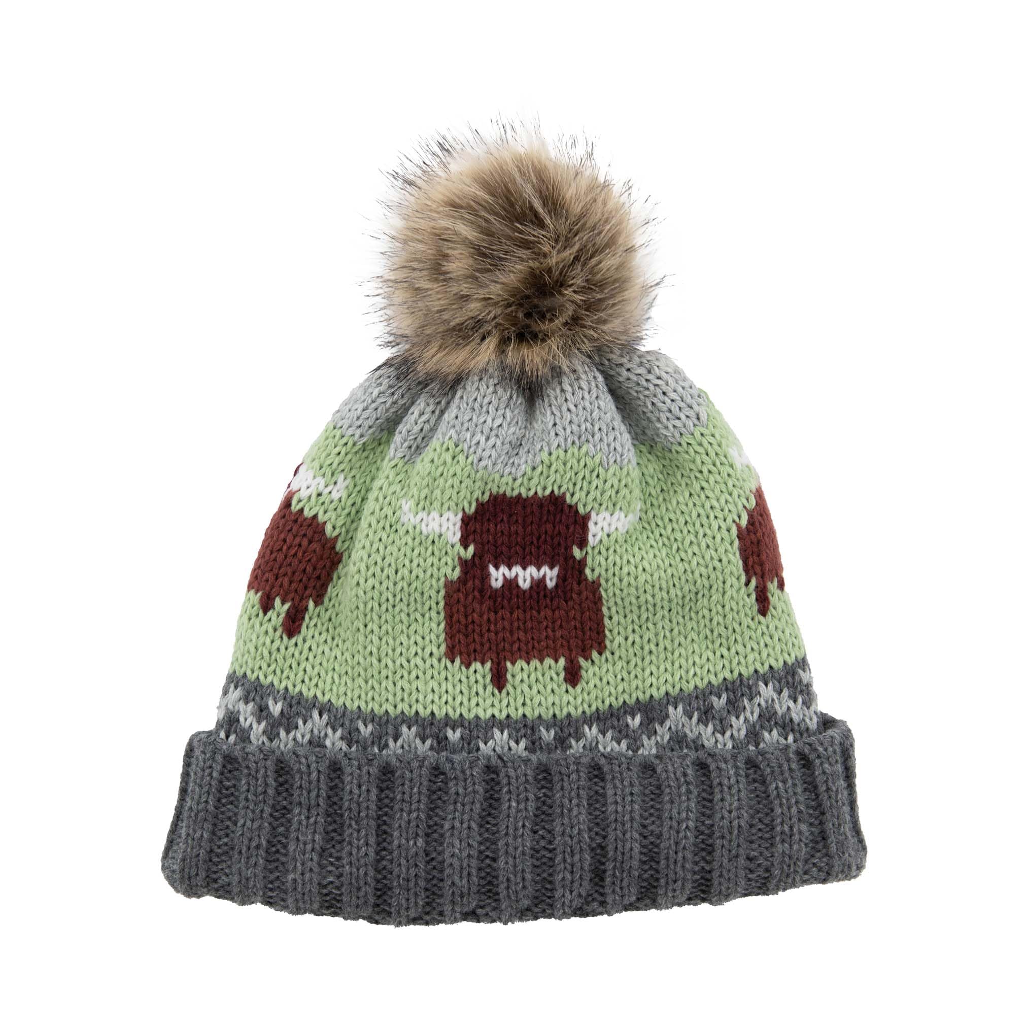 Aran Traditions Unisex Steel Grey Knitted Highland Cow Pom Pom Hat, One Size, Hat (Uk, Alpha, One Size, )