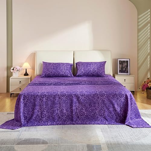 Miniatura 3 de KACEMOO Juego de sábanas de tamaño Queen con estampado floral de cachemira morado, juego de sábanas ajustables de microfibra suave y transpirable de