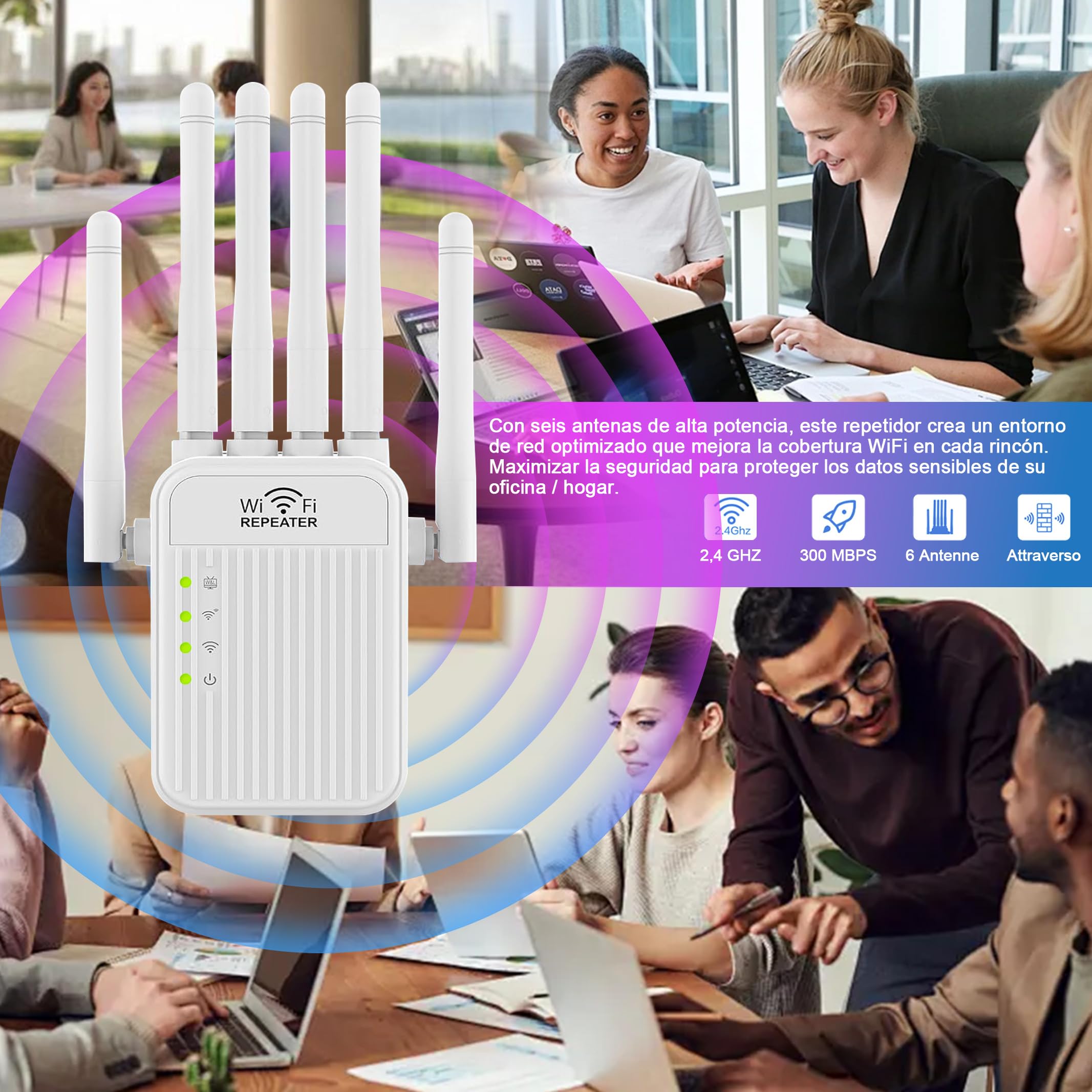 Amplificador Señal WiFi 5G / 2.4G Repetidor WiFi Largo Alcance, WiFi Extender con 6 Antenas de Alta Ganancia,2 Puerto LAN,Extensor de WiFi para casa y Oficina, Fácil de Instalar
