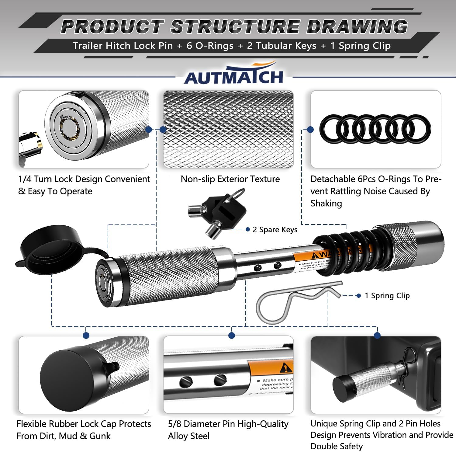 AUTMATCH Trailer Hitch Lock 5/8" - 4" Extra Long Span & Anti-Theft Hitch Locking Pin, Fits Class III IV V 2"-3.5" Receivers, Heavy Duty Towing Lock Pin for Jeep, Trailer, Truck, RV, Bike Rack, Silver