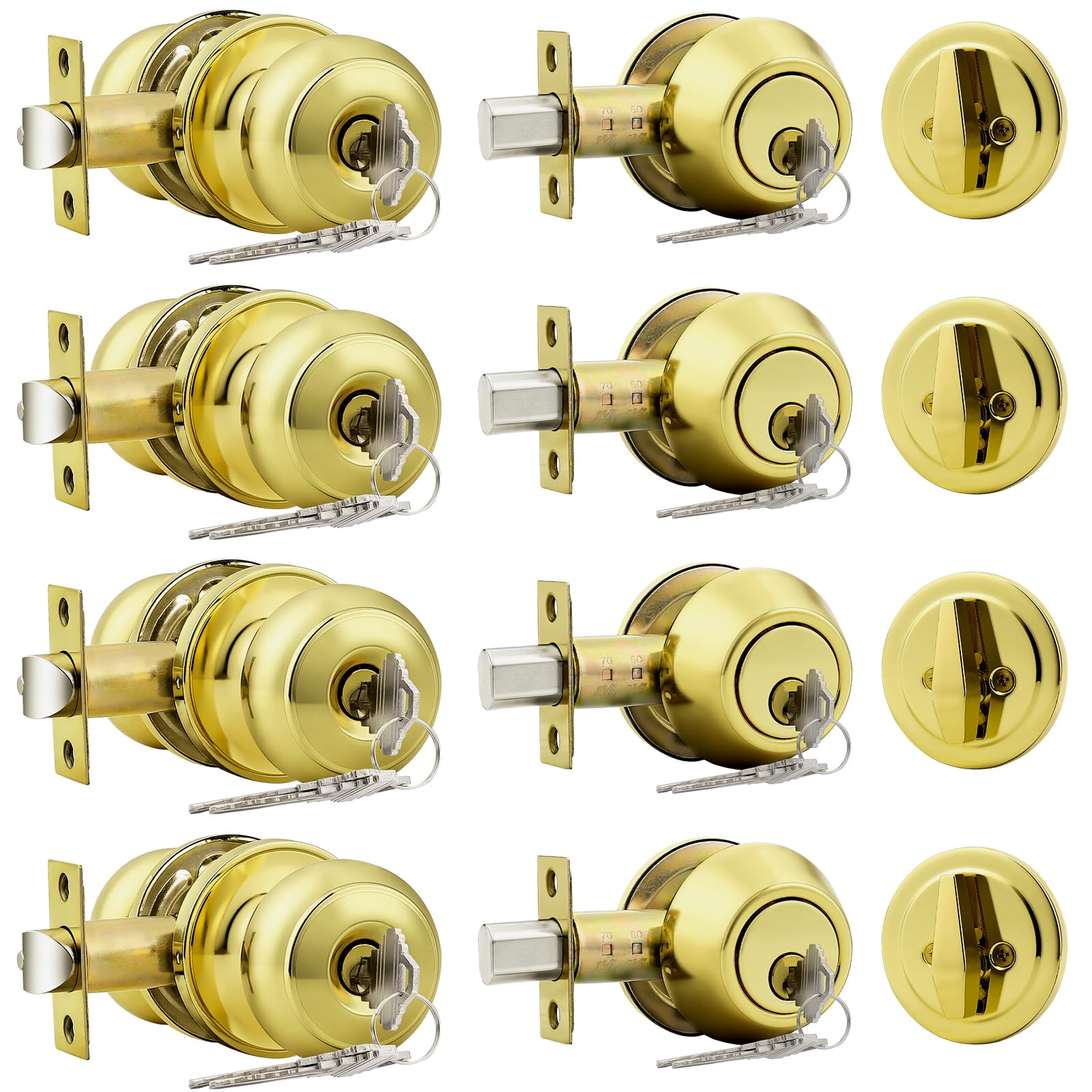 Probrico Polished Brass Door Knob and Single Cylinder Deadbolt Lock Set