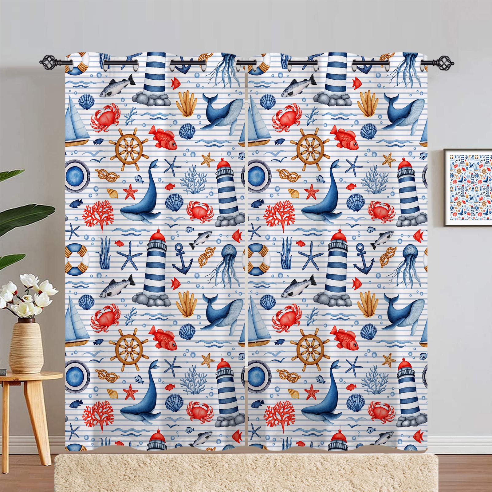 ANHOPE Nautical Curtains Eyelet 80% Blackout Room Darkening Curtains with Lighthouse Sailboat Anchor Whale Print Pattern Light Blocking Window Drapes for Bedroom Living Room 46 x 90 Inch Drop 2 Panels