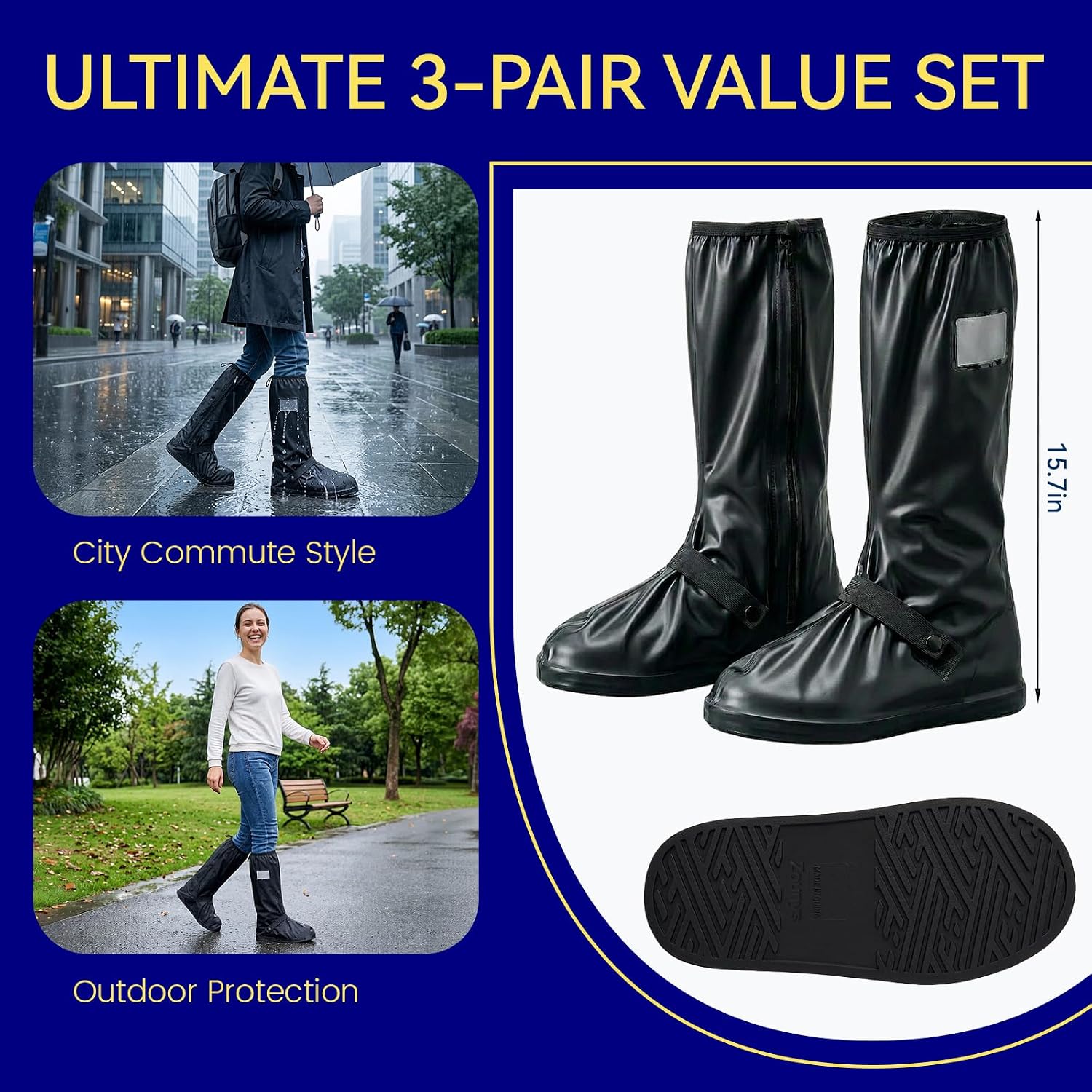3Pair Reusable Waterproof Shoe Covers for Rain, Reflector Non-Slip Galoshes Overshoes for Women and Men, Double-Row Waterproof Zipper for Mud, Cycling and Outdoor Travel (Black, X-Large)