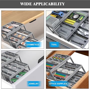 Fockety Drawer Organizer, Multi Level Collapsible Drawer Organizer with Adjustable Compartments, Expandable Desk Organizer Trays for Jewelry, Makeup, Silverware Storage Organizer (2