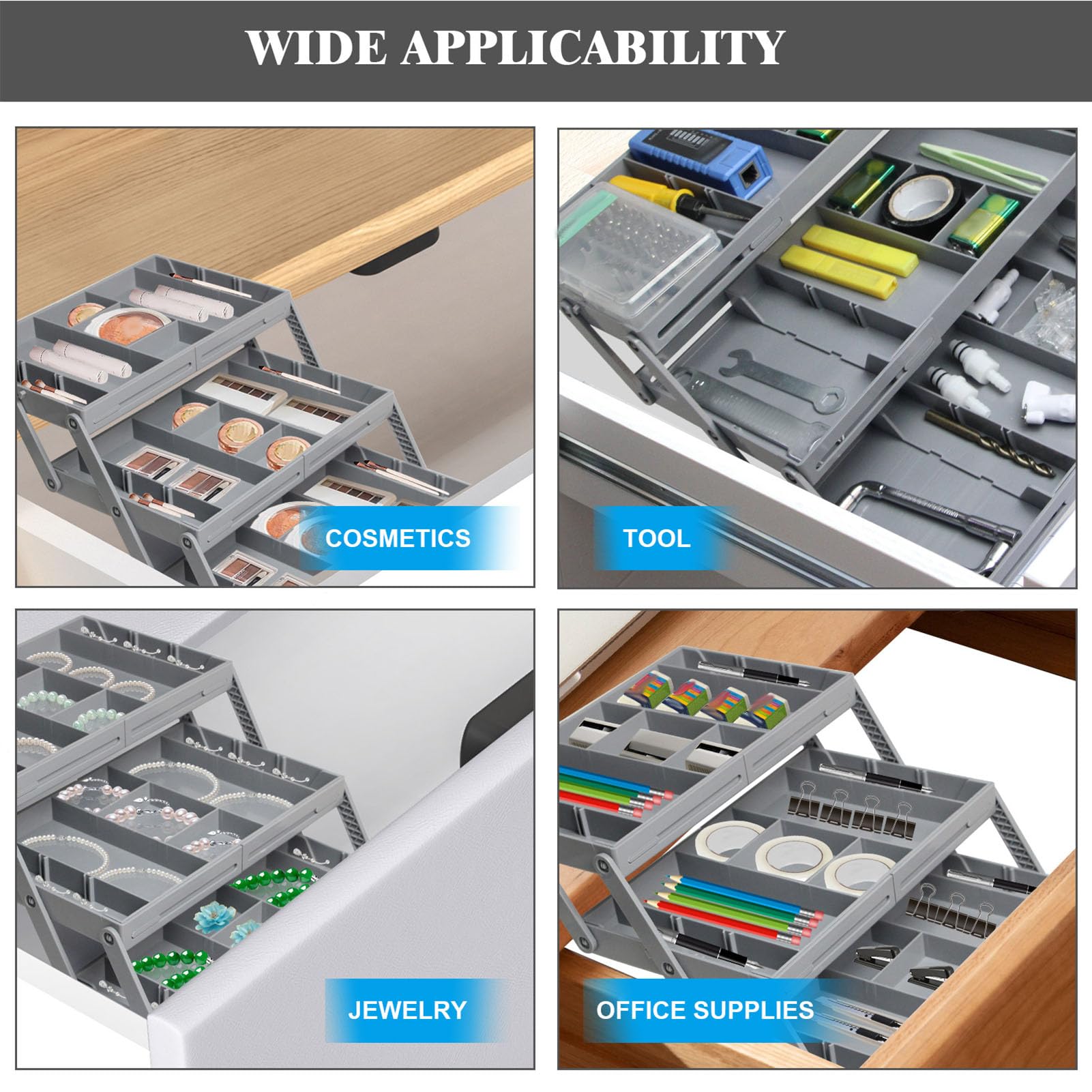 Organizer per cassetti, espandibile, pieghevole, versatile, per bagno e scrivania, contenitori in plastica per trucchi, camera da letto, gioielli, utensili da cucina e ufficio (3 pezzi)