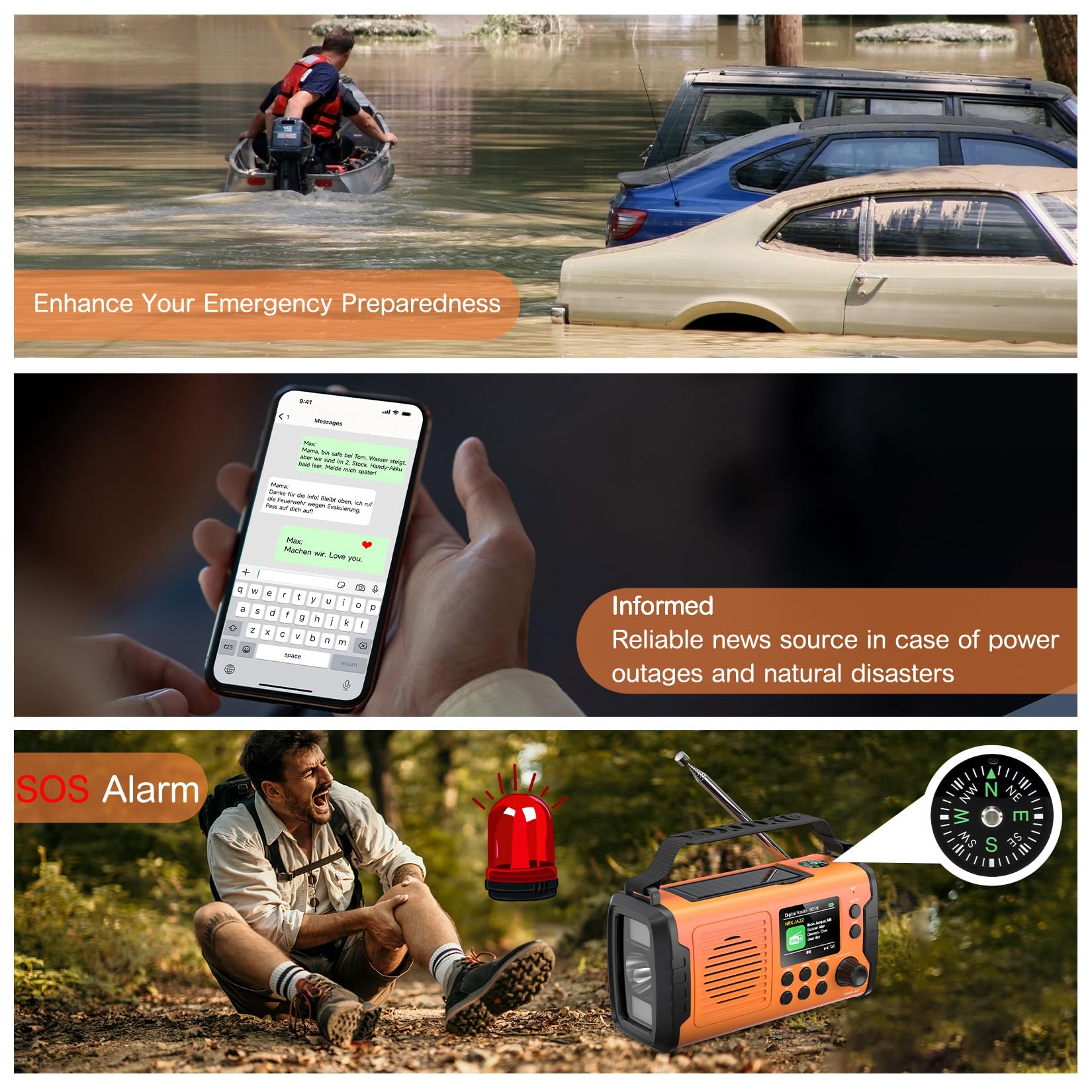 20000mAh Radio Survie Dab+ FM, Radio Solaire Portable Bluetooth avec Réveil, Alarme SOS d'urgence, Lampe de Poche Et Lampe de Lecture de Lampe de Lecture & Lampe Torche LED (Orange)