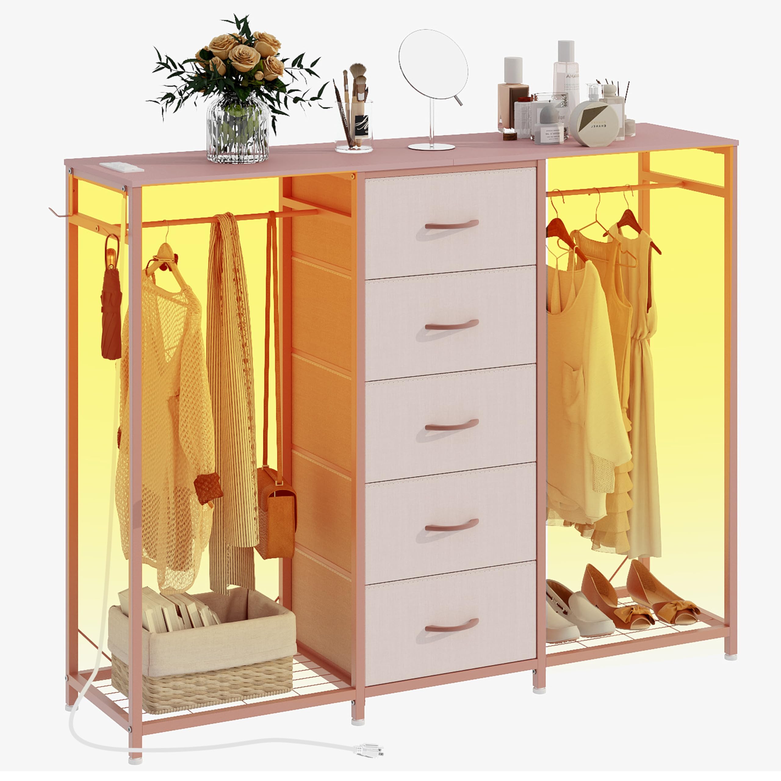 Cómoda para dormitorio con perchero, cómoda de 5 cajones con estación de carga, luces LED, cómoda blanca, estante flexible y espacio de almacenamiento abierto para dormitorio, sala de estar