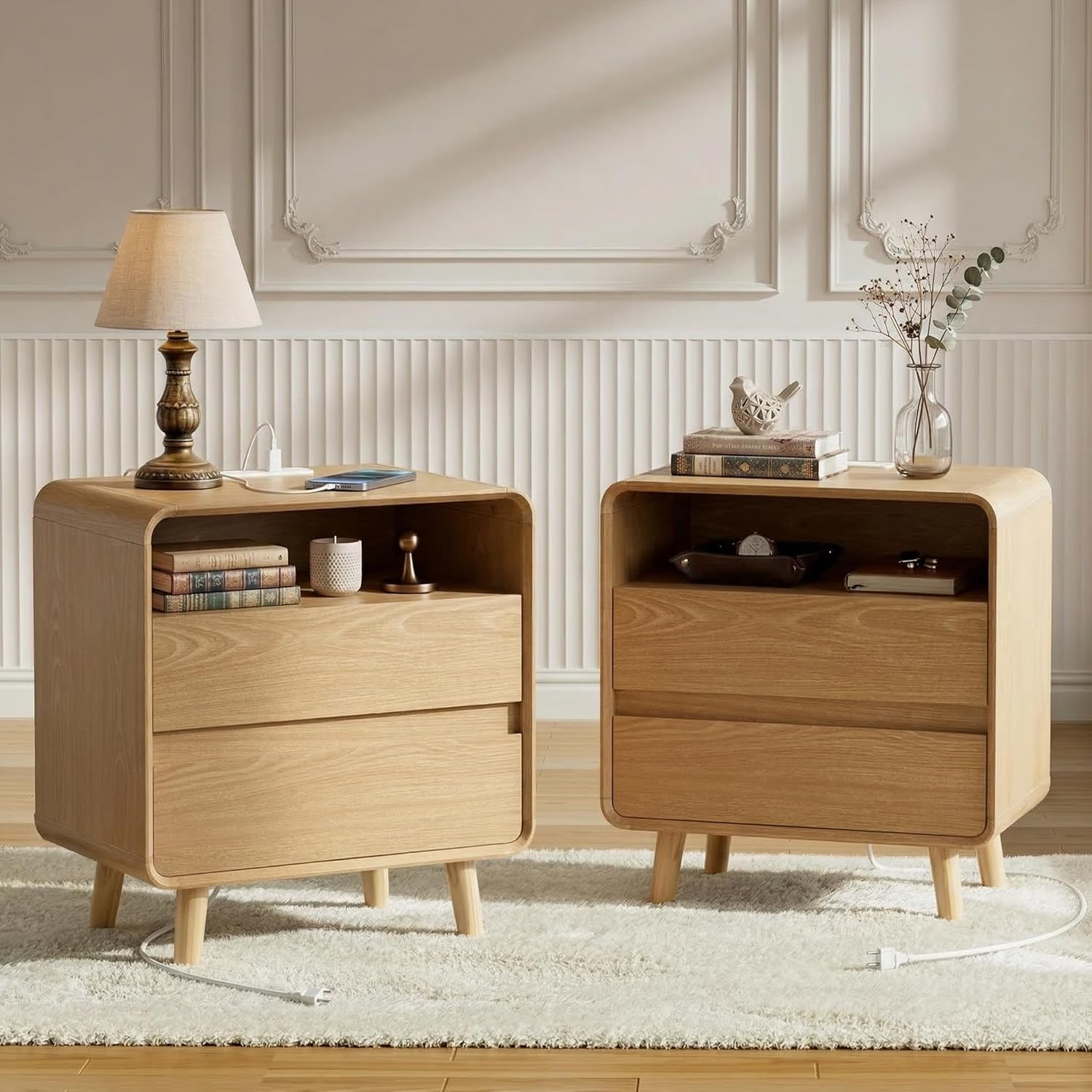 Modern Nightstands Set of 2 with Charging Station, Wood End Table Bedroom Nightstands with Drawers, Wide Curved Bedside Table Set 2for Kids Bedroom, Living Room, Oak