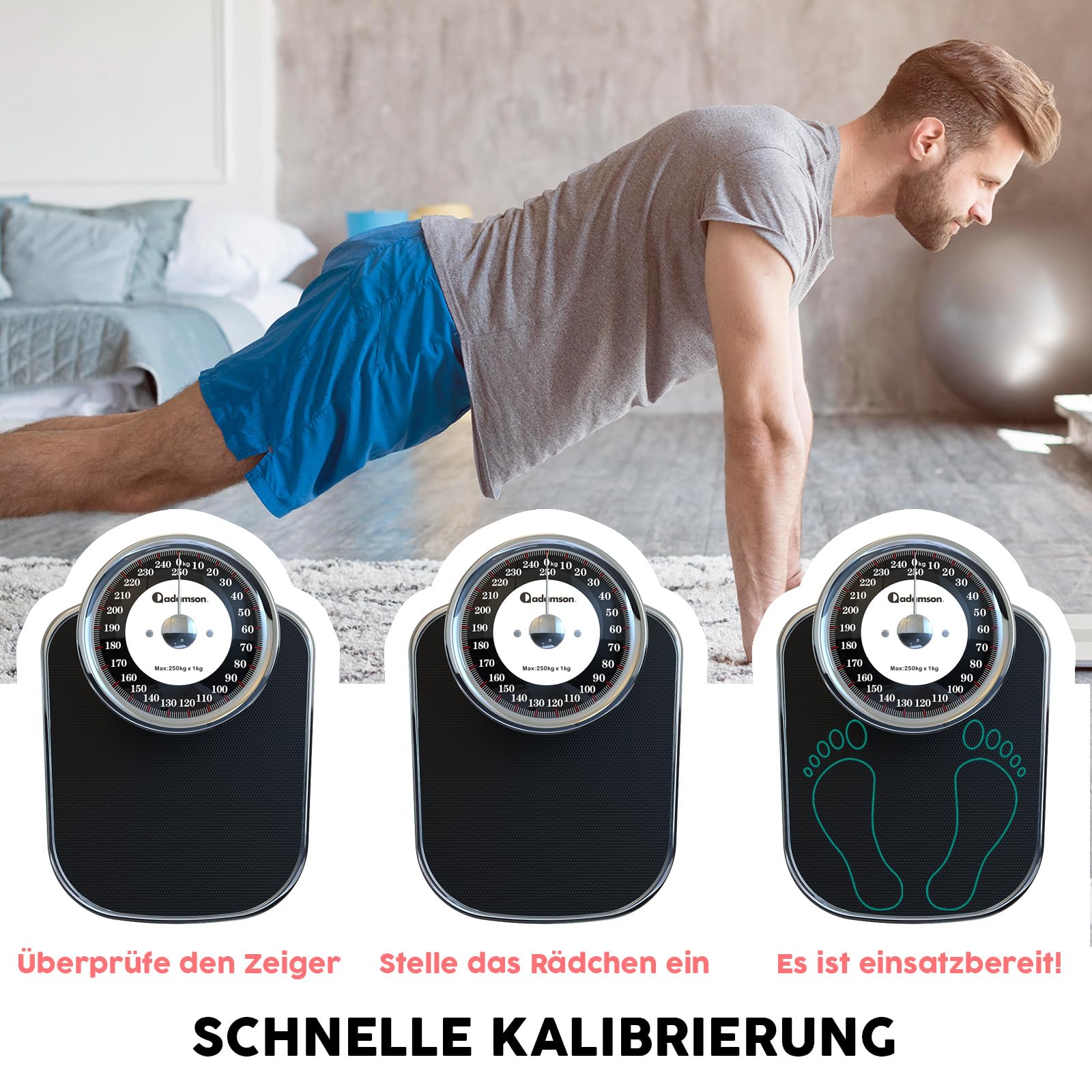 Adamson A28 Analogwaage, bis 250 kg, rutschfeste Gummioberfläche, extra große Ziffern, hochpräzise Personenwaage Analog, langlebig, 20-Jahre Support für Haushalt, Schlafzimmer, Bad - NEU
