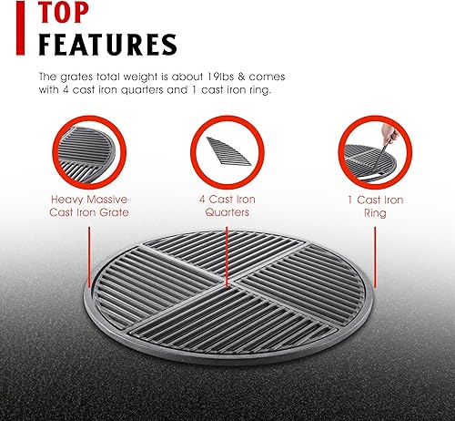 Miniatura 3 de Rejilla modular de hierro fundido pre-sazonada, se adapta a parrillas de caldera de 22.5 pulgadas como parrillas Weber y SnS, rejilla resistente de