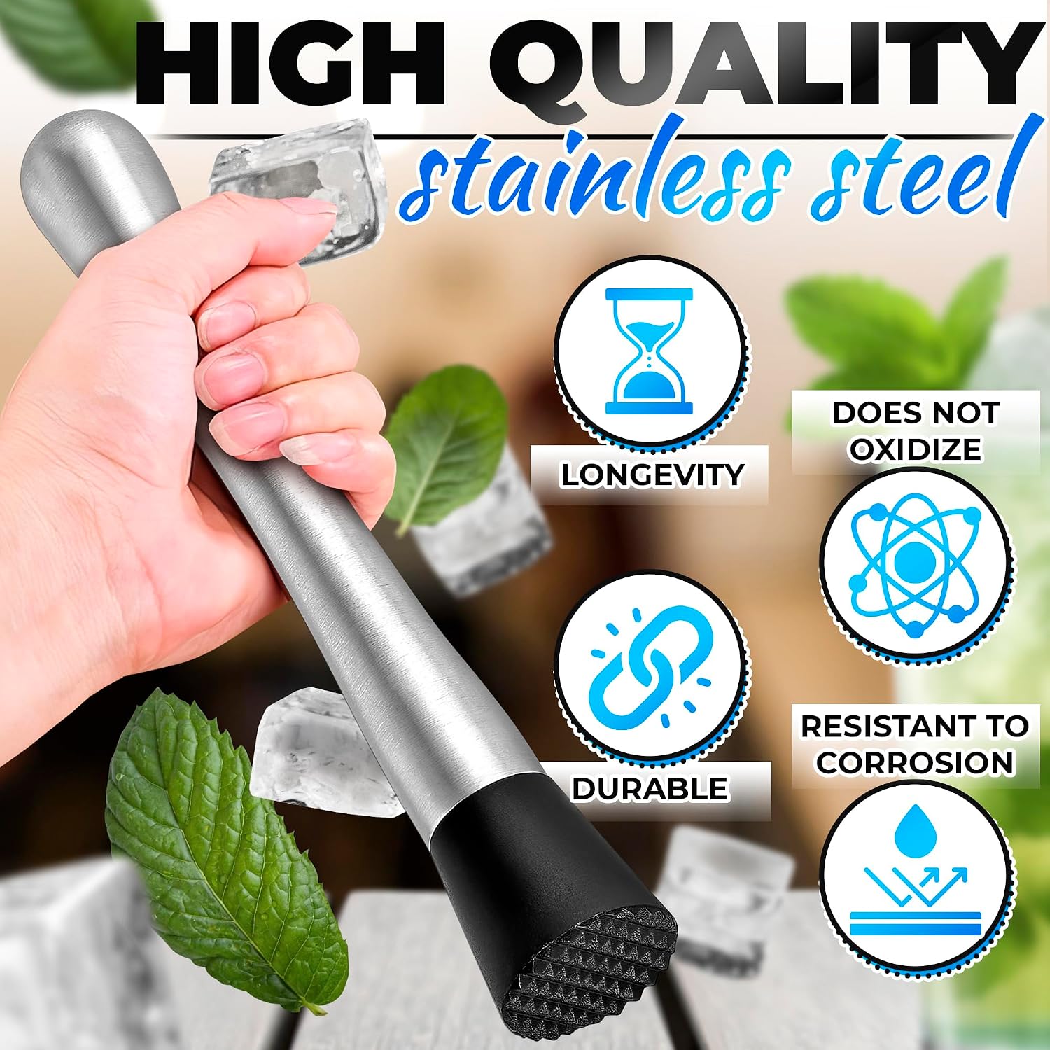 8" Long Stainless Steel Muddler for Cocktails, Grooved Nylon Head