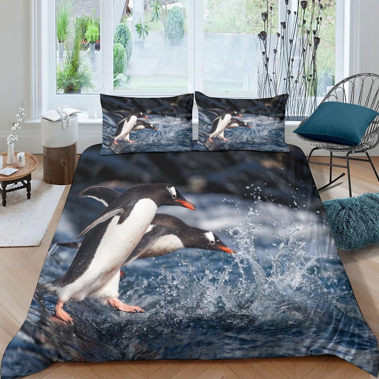 Housse de couette manchot imprimé 3D microfibre douce parure de lit fermeture éclair