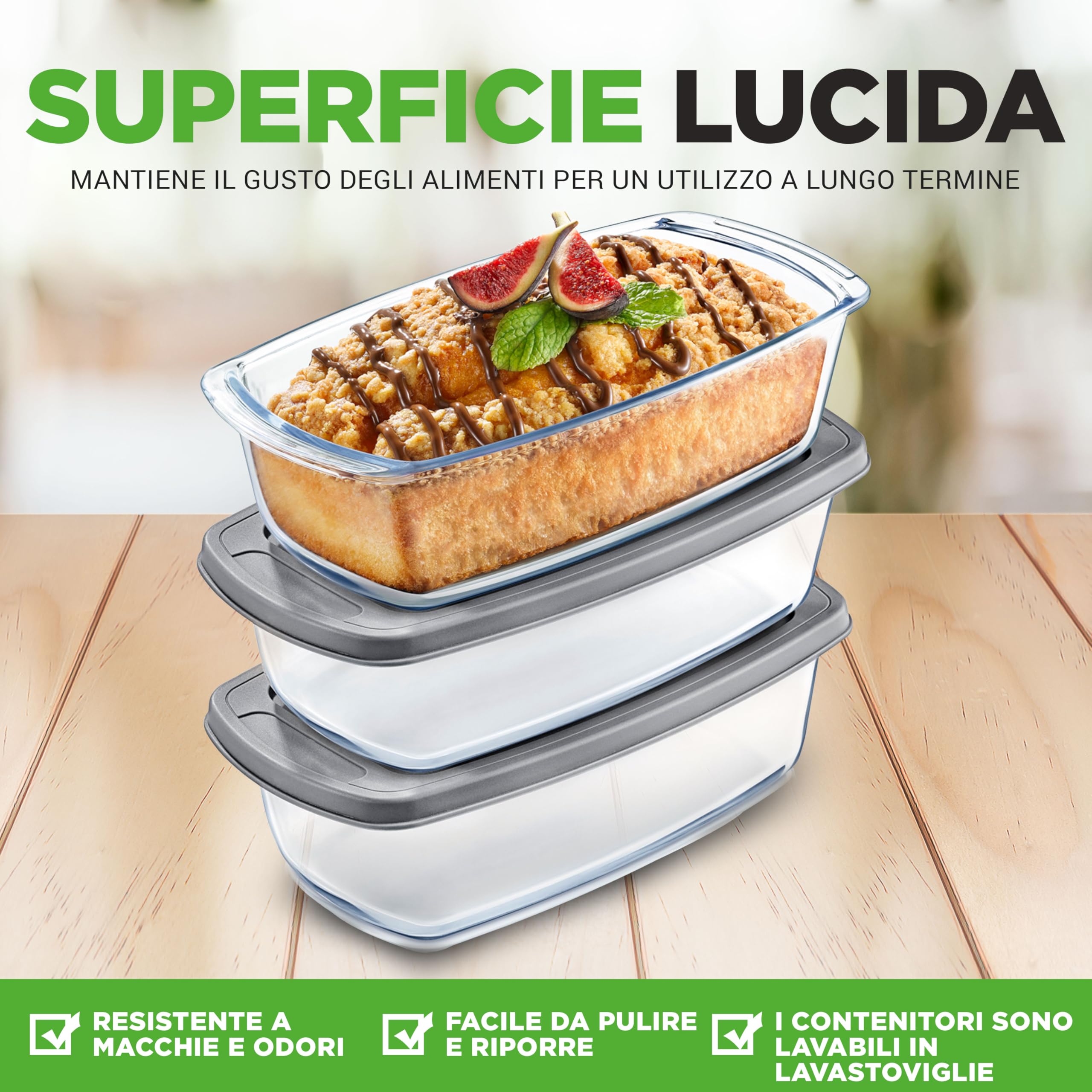 Nutrichef Contenitori Vetro per Alimenti da 1,8 Litri con Coperchio, Set 3 Teglie per Dolci, Torta, Plumcake, Pane, Lasagna e Pasta, Resistenti a Forno e Microonde