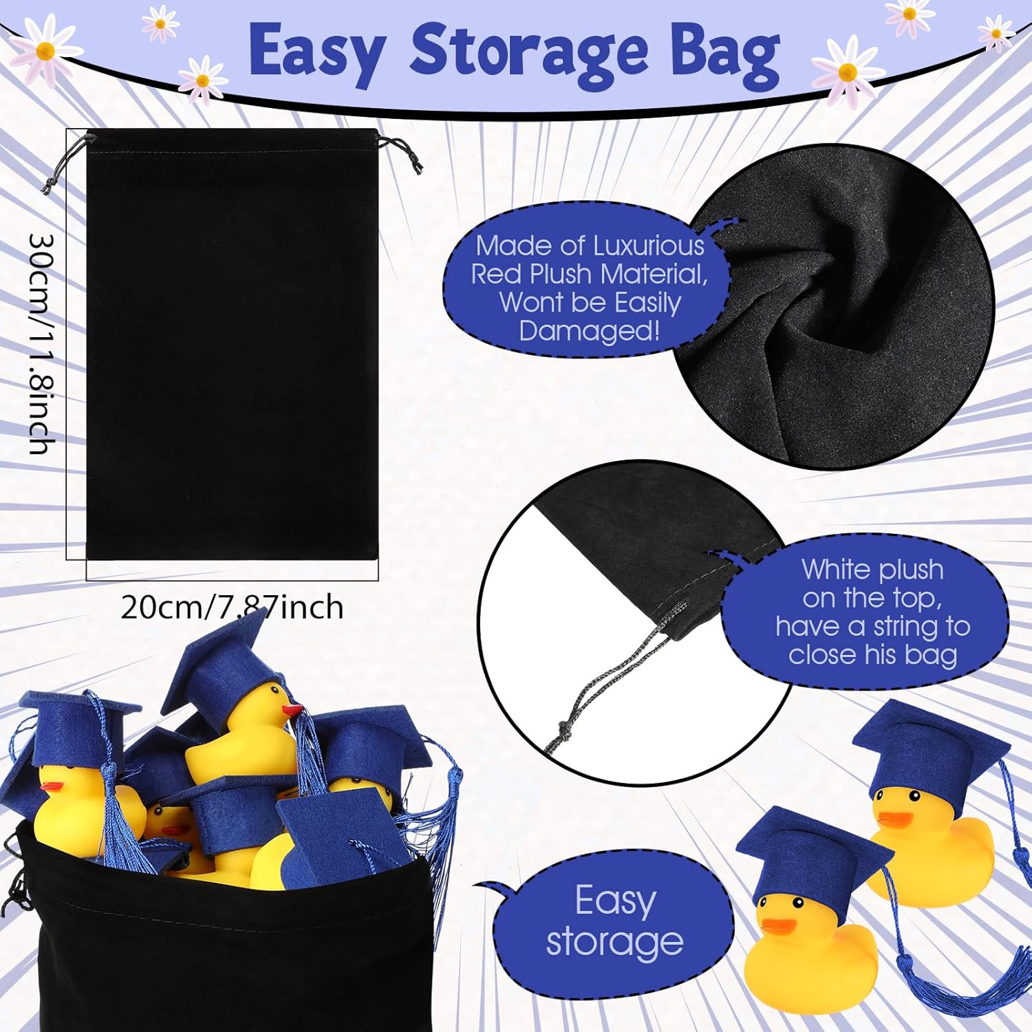 Jerify 48 Pcs Graduation Rubber Ducks with Grad Cap 2026 Diploma Grad Rubber Duck Graduation Party Bath Pool with Storage Bag for Student Gifts Party Favor(Blue)