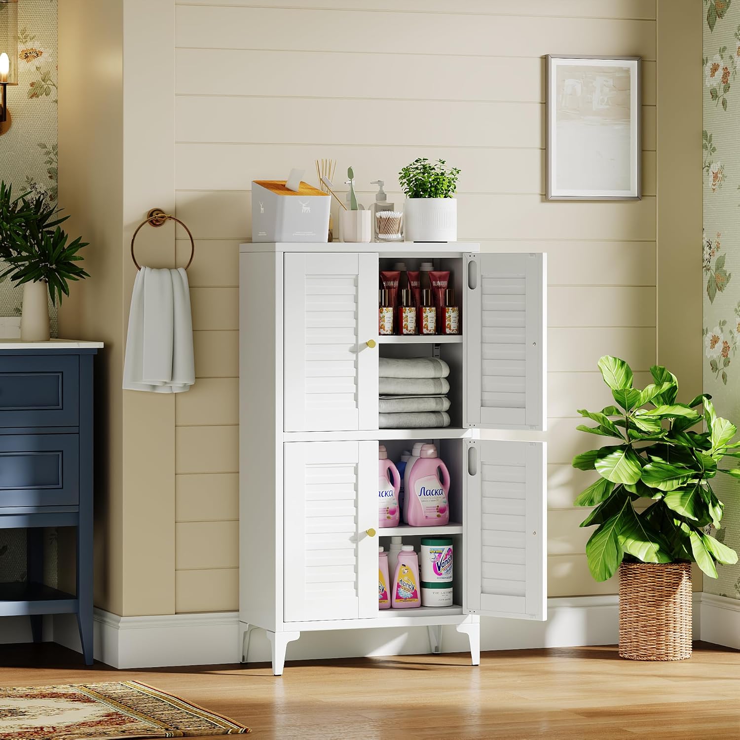 Bathroom Floor Storage Cabinet with 4 Doors, Freestanding Storage Cabinets with 2 Adjustable Shelves for Kitchen,Living Room,Dining Room,Assembly Required,White,11.81" D x 23.62" W x 45.87" H