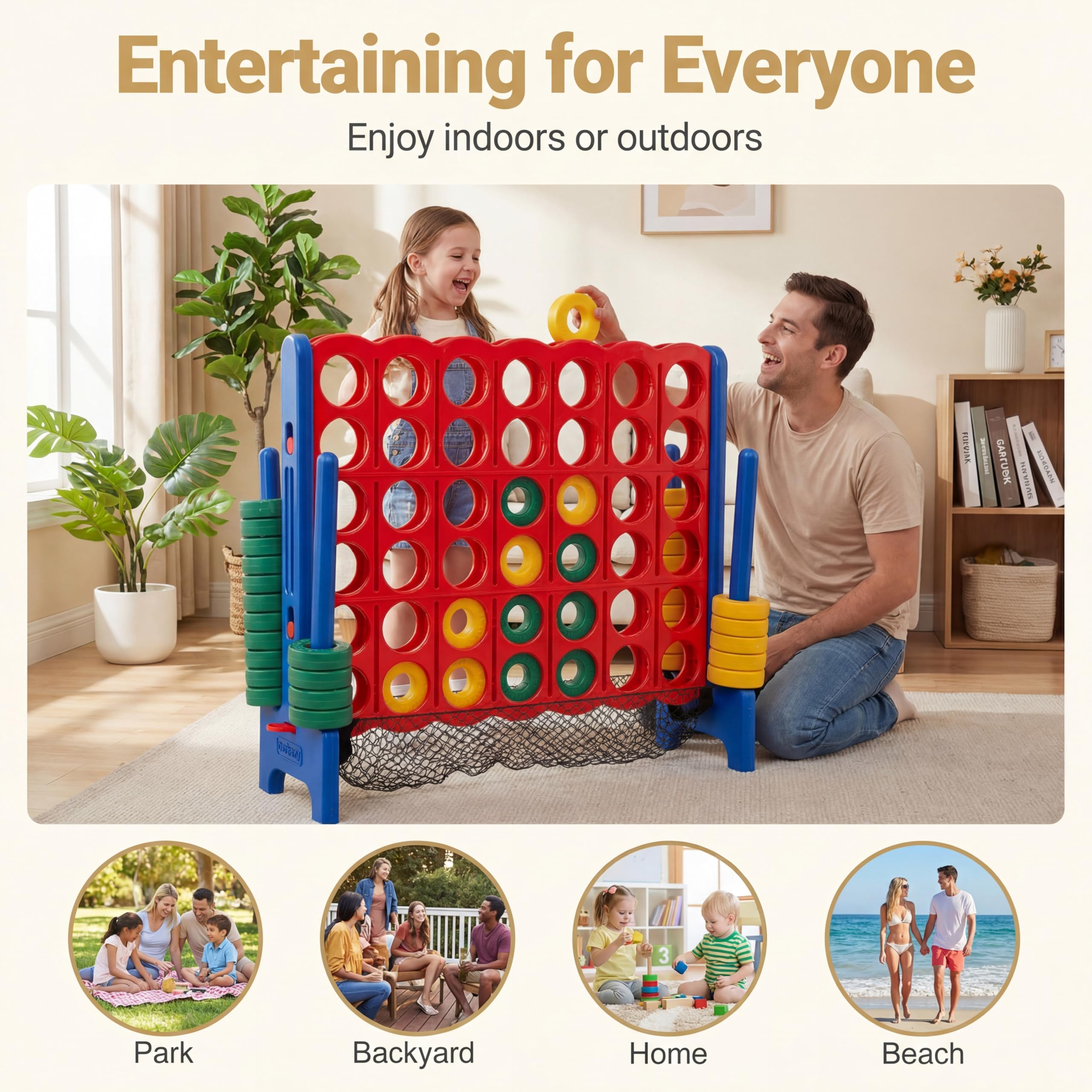 HOMASIS Riesiges 4 Gewinnt Spiel, 4 in Einer Reihe Spiele, Strategiespiel mit 42 Ringen & & Schieberegler, XXL Brettspiel Spielzeug Vier Gewinnt Spiel für Kinder & Erwachsene Outdoor (Blau+Netz)