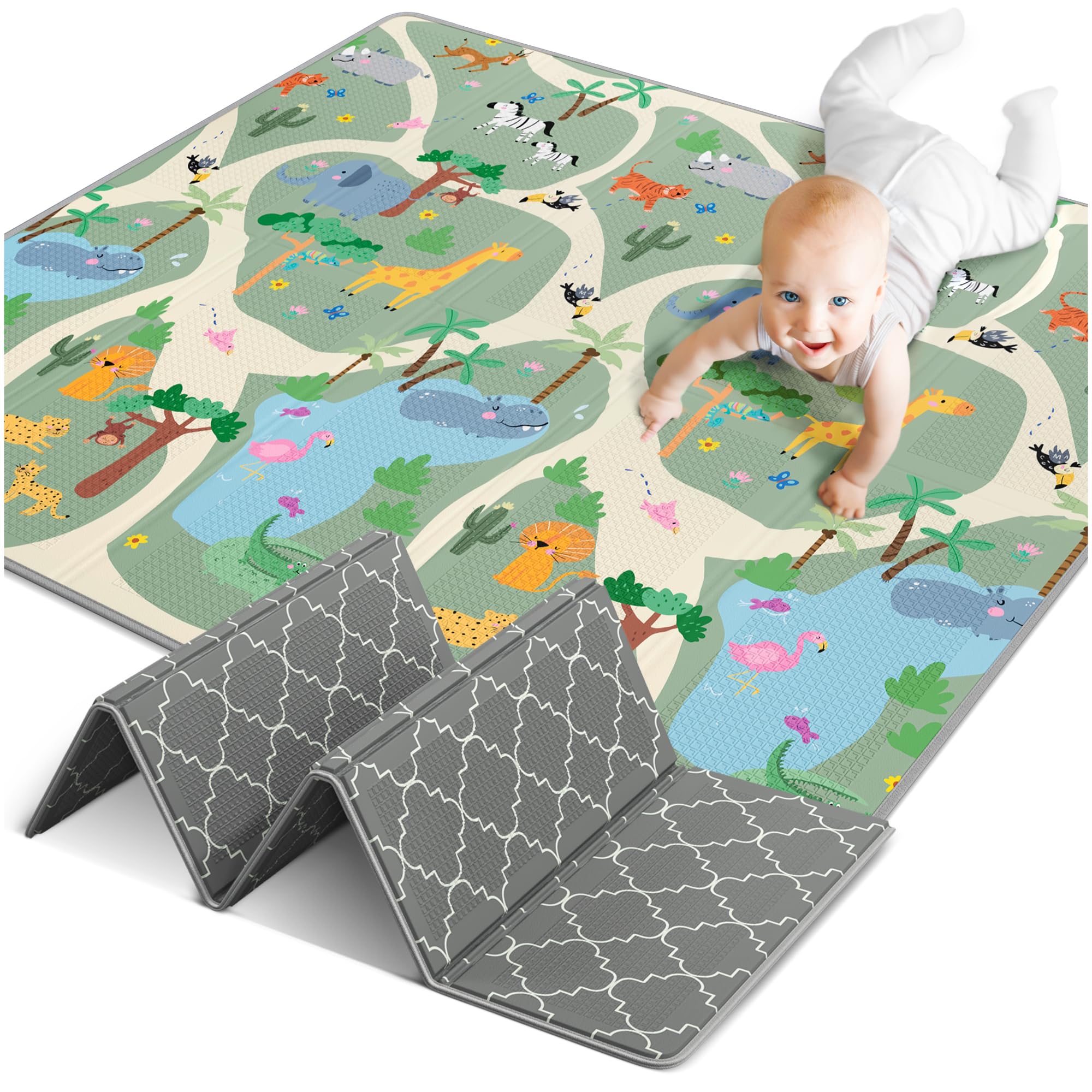Tappeto Gioco Bambini Pieghevole – Tappeto Gioco Neonato, Tappeto Neonato Gattonamento, Tappeto Tummy Time Neonati, Tappetone Neonato Morbido, Tappeto Gomma Bambini, 180x200cm - Safari