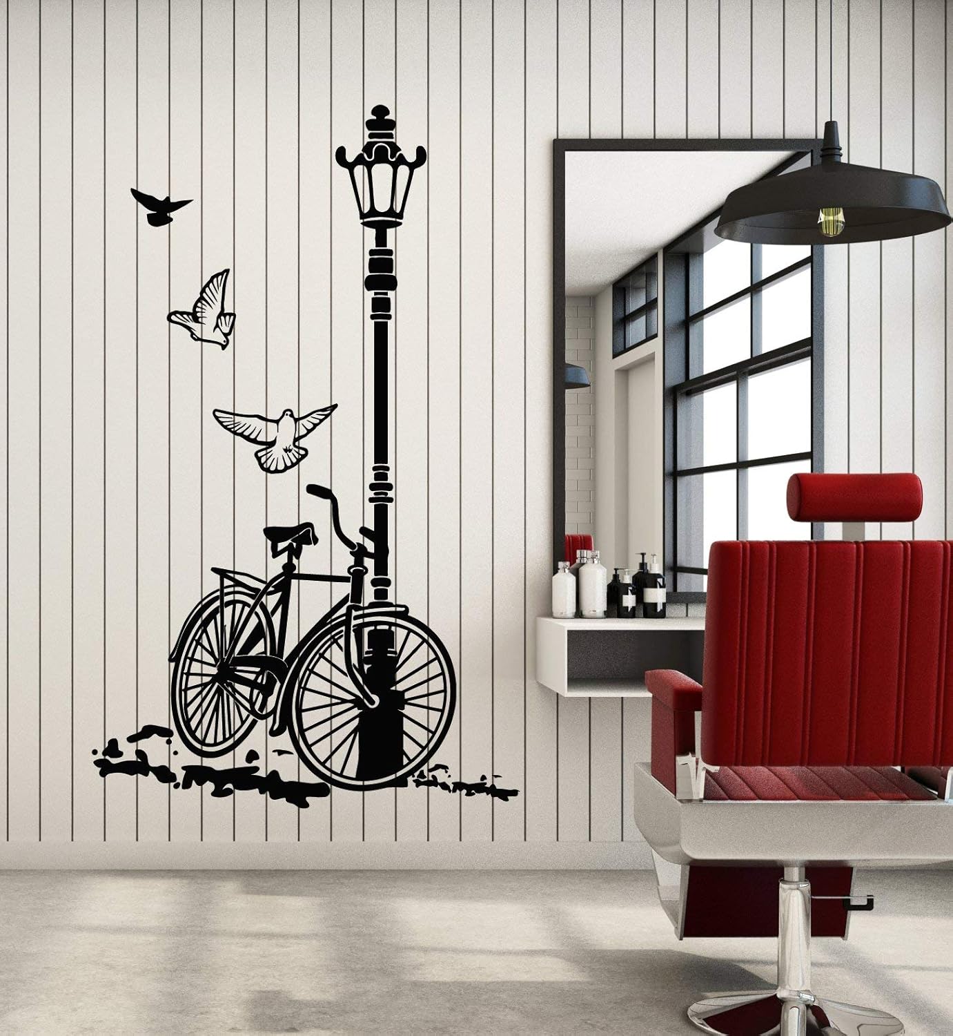 WallStickers4ever Vinyl Wall Decal Bicycle Street Lamp Nature Two Pigeons Stickers Mural Large Decor (g4345) Black