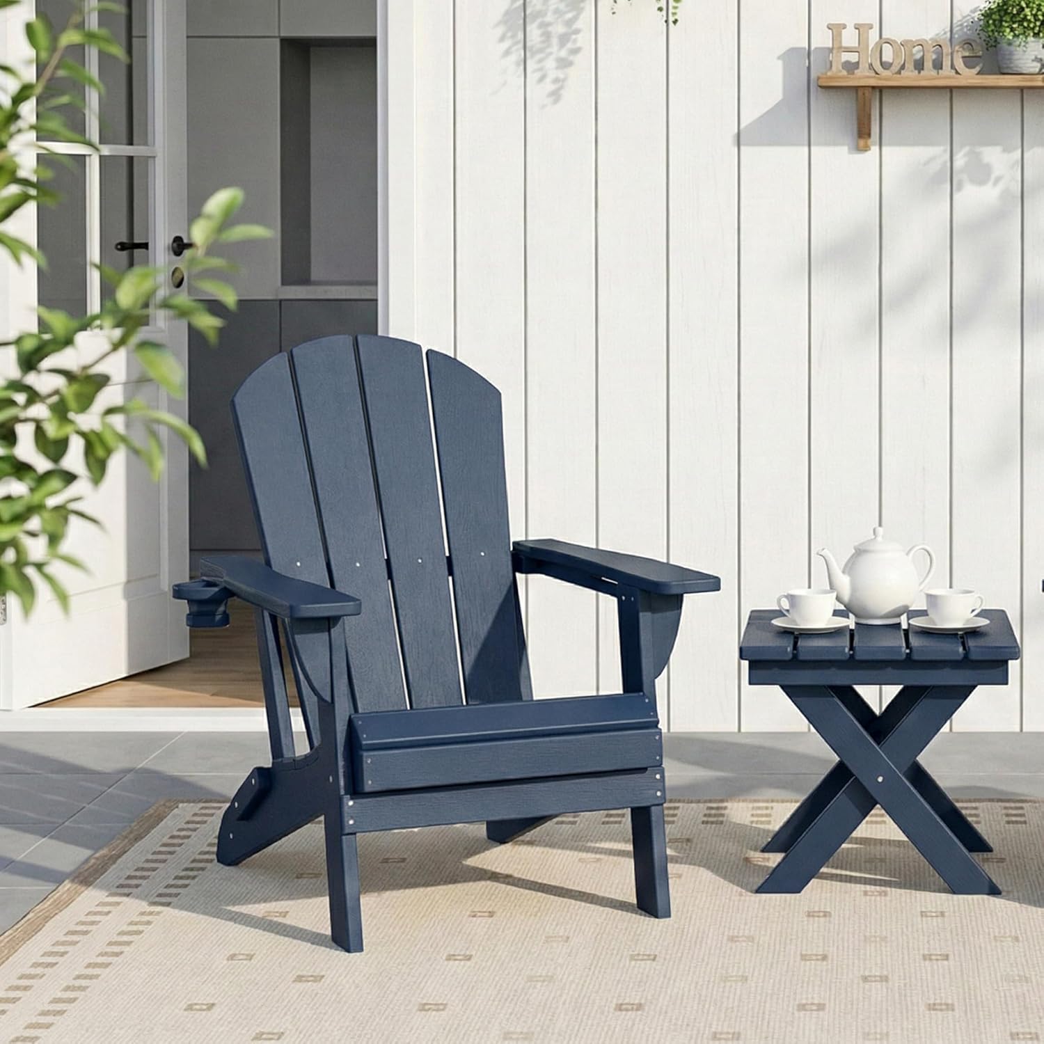 Kingdura Foldable Adirondack Chair, Portable HDPE All Weather Resistant Outdoor Patio Chair, Wooden Textured with Cup Holder, 380LBS Capacity for Poolside, Backyard, Deck, Fire Pit (Navy Blue)