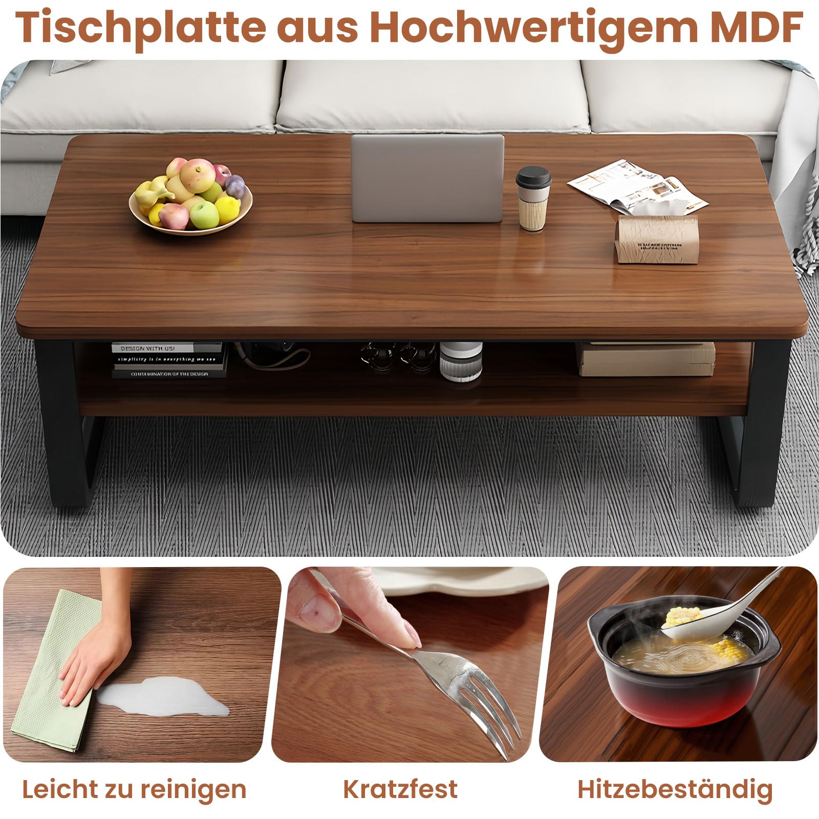 Couchtisch Rechteckig mit Stauraum, 120cm Wohnzimmertisch Sofatisch, Braun