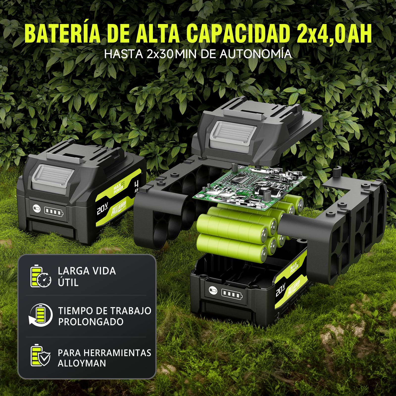 Alloyman Motosierra telescópica de poda a batería 20V MAX, Podadora telescópica a batería, 2 baterías 20V 4,0 Ah y cargador, espada de 20 cm, velocidad de cadena 5,5 m/s, 4KG, lubricación automática