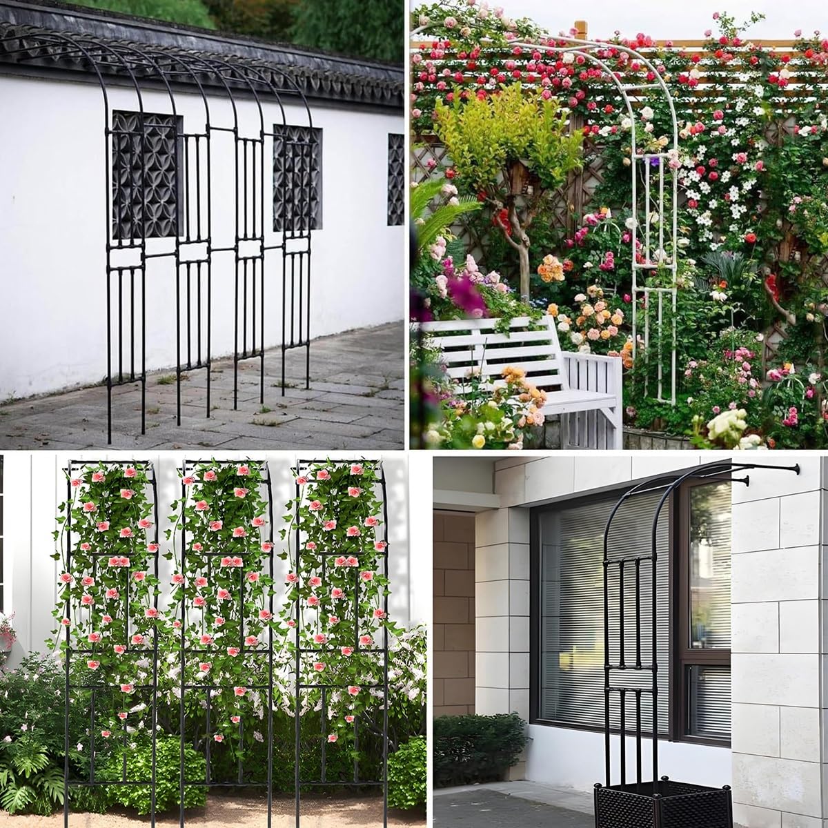 Metalowy łuk pergoli do roślin pnących, zewnętrzna kratka ogrodowa, regulowana, 60-300 cm, elegancki, czarny design na taras i dekorację ślubną, szer. 220 x wys. 240 cm