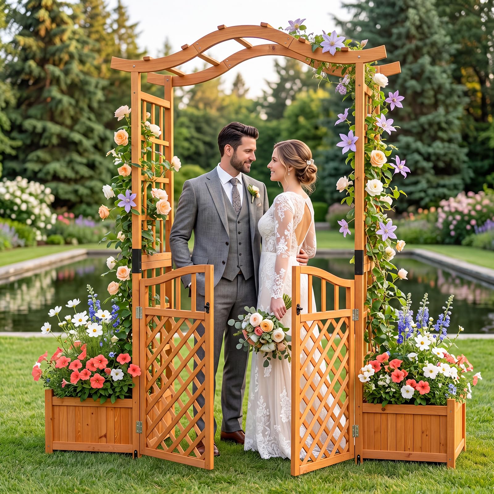 HOMASIS Arco da Giardino con Fioriera, Pergolato per Piante Rampicanti in Legno di Abete, Arco da Esterno con Cancello Chiudibile, Fori di Drenaggio e Pannello Rimovibile, 185 x 46 x 210 cm