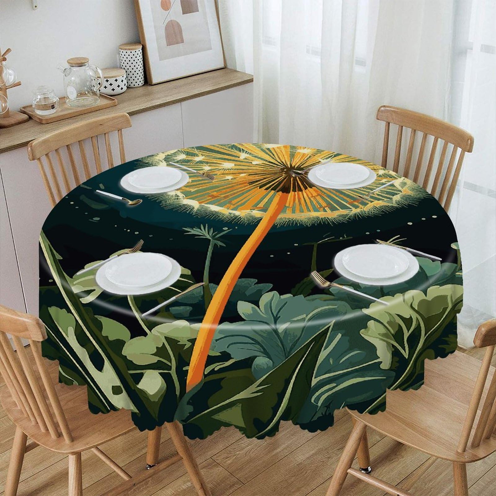 Btcowzrv Style Dandelions At Night Polyester Round Tablecloth 59.84 Inch, Decorative Washable Table Cover, Table Cloth For Restaurant Picnic Indoor And Outdoor Dining