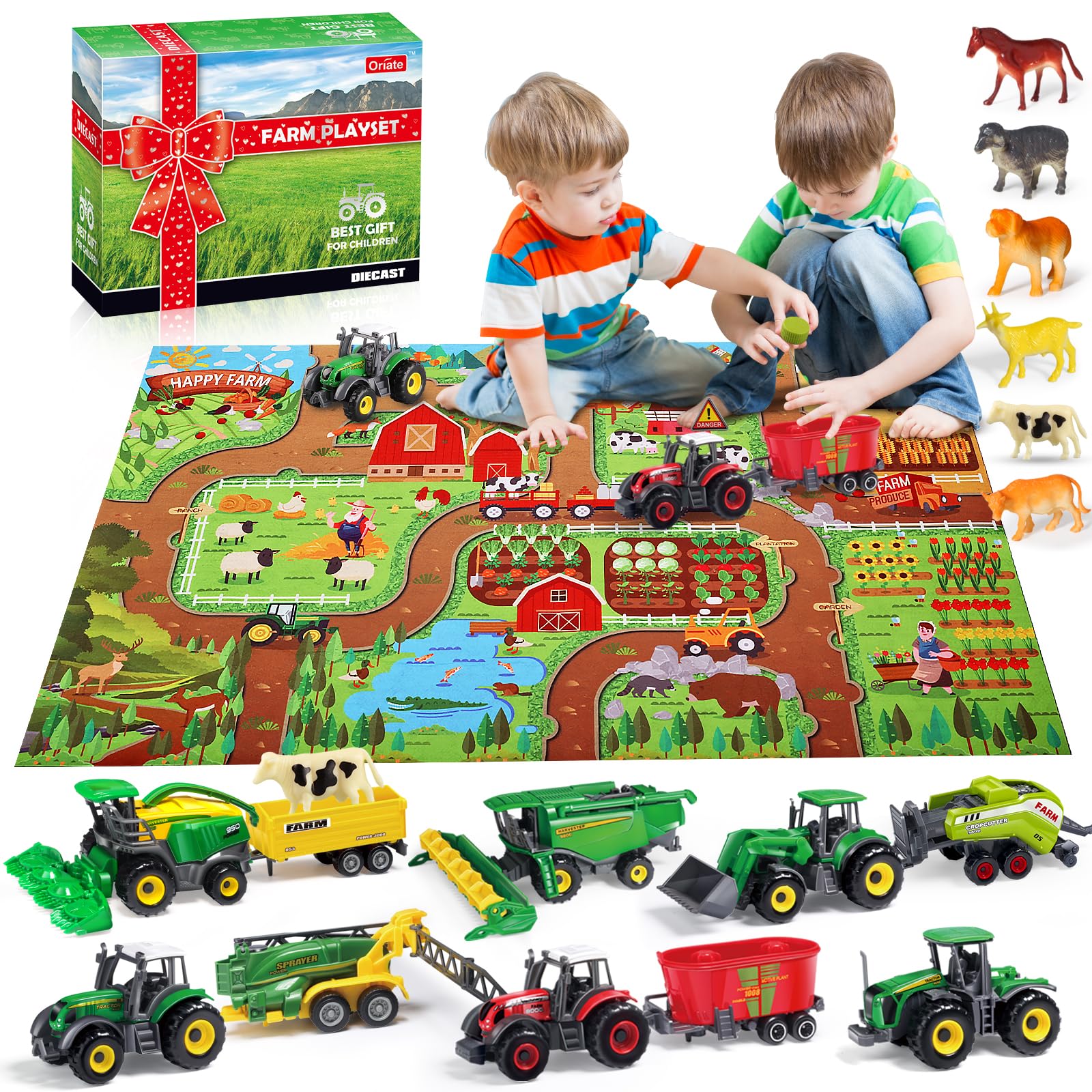Oriate Farm Tractor Toy, Die-Cast, DIY Vehicles, Truck Machines Playset 38 Pieces with Farm Animal