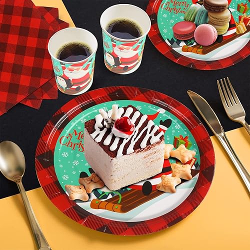 Miniatura 4 de DIYASY Platos y servilletas de papel de Navidad, paquete de 96 platos desechables, platos de cena de postre de Navidad resistentes a granel para 24