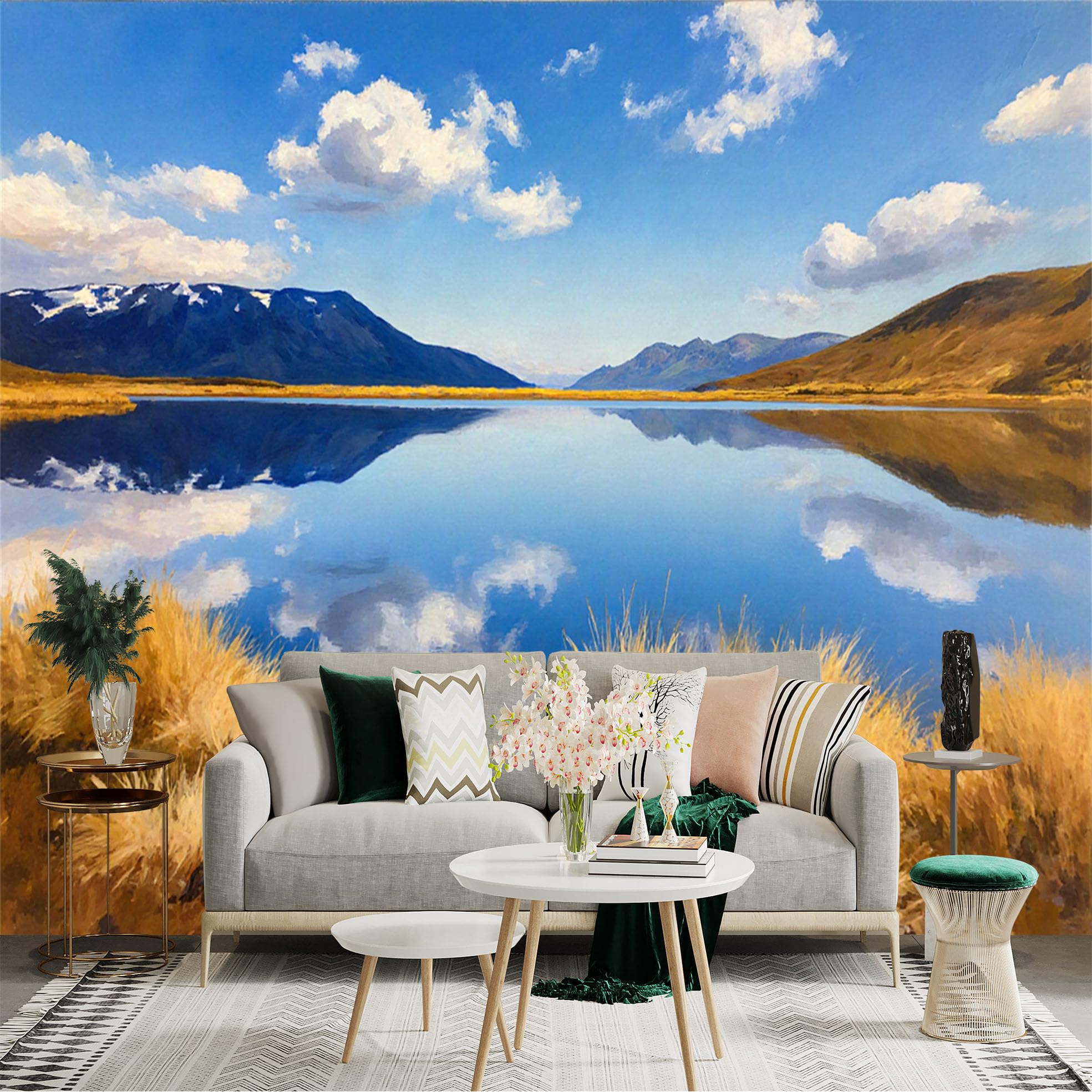 Custom Size Wall Sticker Mural， Scenic Blue Lake with Golden Plains， Majestic Mountain Range， Calm Water Reflection， for wall Decoration， peelandstick wall Decals.