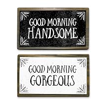 Good Morning Handsome & Gorgeous Rustic Wood Sign Set - Handmade Metal Couples Gift, Bedroom Decor, Anniversary Valentine's Wedding - 6x3.5" Set of 2