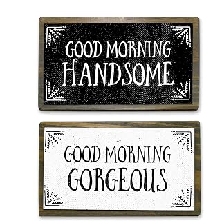 Good Morning Handsome & Gorgeous Rustic Wood Sign Set - Handmade Metal Couples Gift, Bedroom Decor, Anniversary Valentine's Wedding - 6x3.5" Set of 2