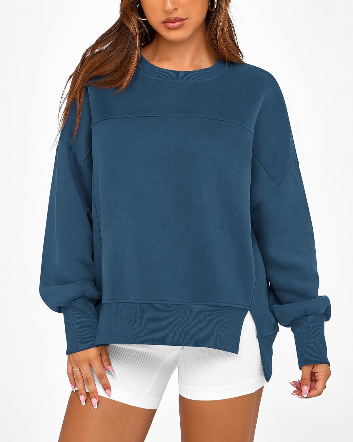 BTFBM Women's Casual Crewneck Sweatshirts 2026 Spring Fall Clothes Long Sleeve Side Slit Workout Fleece Pullover Tops - Image 2