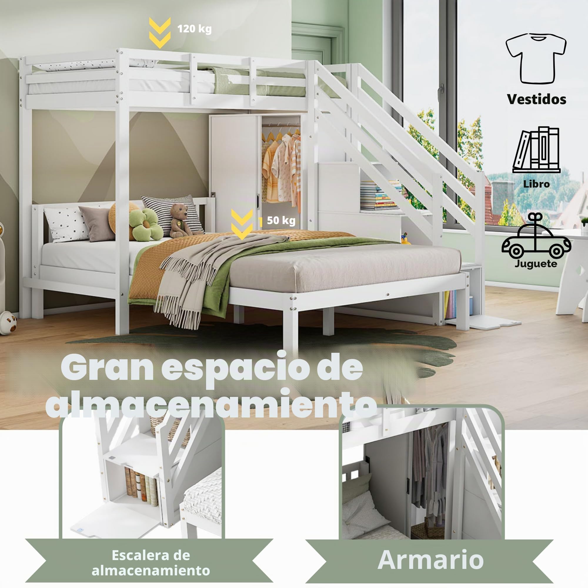Litera con armario, litera infantil de 90 x 200 cm+140 x 200 cm, cama infantil multifuncional, con escalera de almacenamiento, gran espacio de almacenamiento, sin colchón, color blanco