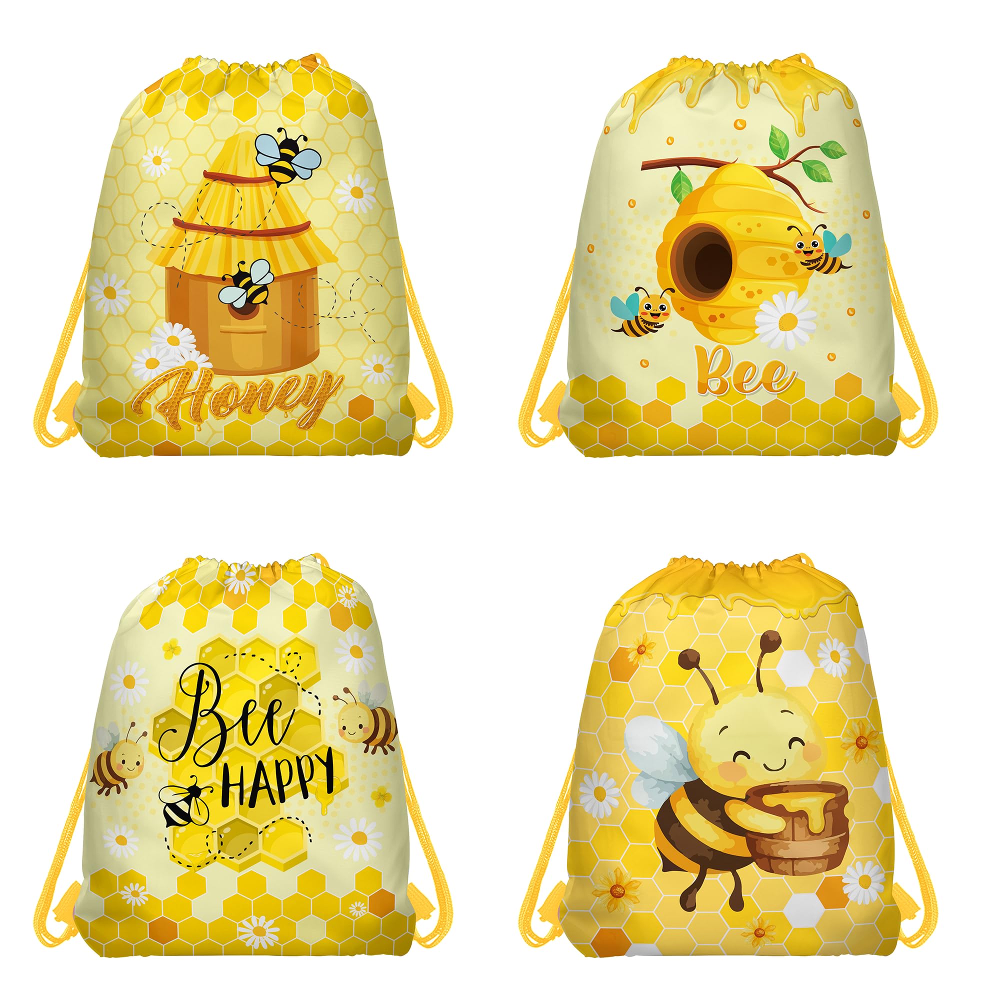 CC HOME 12Pcs Bee Drawstring Bags, Bee Treat Bags, Honey Honeycomb Theme Favor Bags for Baby Shower Kids Girls Boys Birthday Decorations 10.6 x 13.4 inch